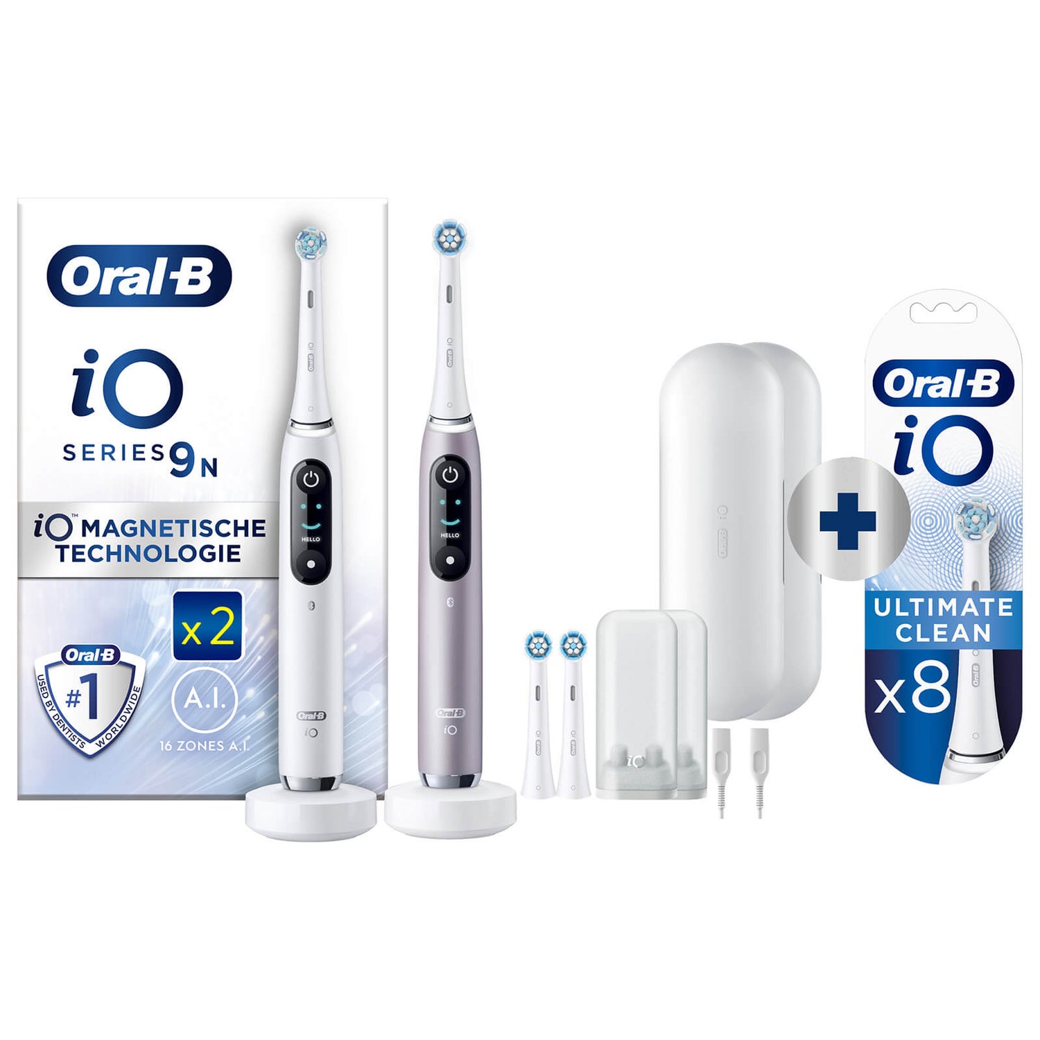 Oral-B iO Series 9N White & Rose Quartz Electric Toothbrushes Virtual Duo + 8 Refills