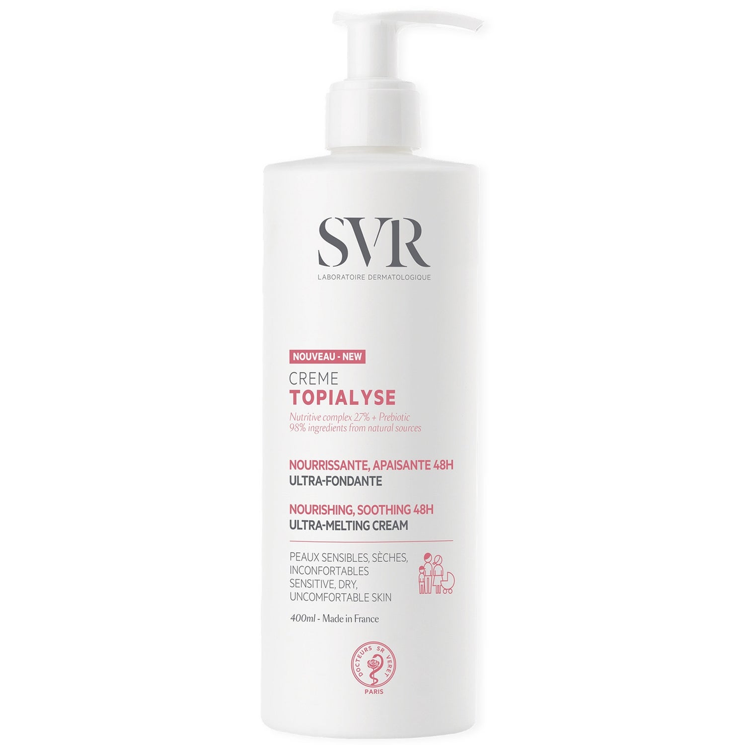 SVR TOPIALYSE 48hr Soothing, Calming Nourishing Face & Body Cream for Dry Sensitive Skin, All Ages, 400ml