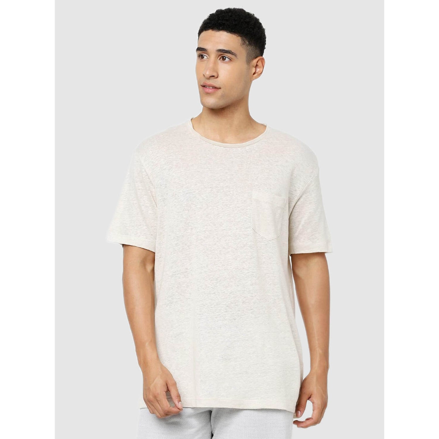 Off White Drop Shoulder Sleeves Regular Fit Linen T shirt BELINO Celio
