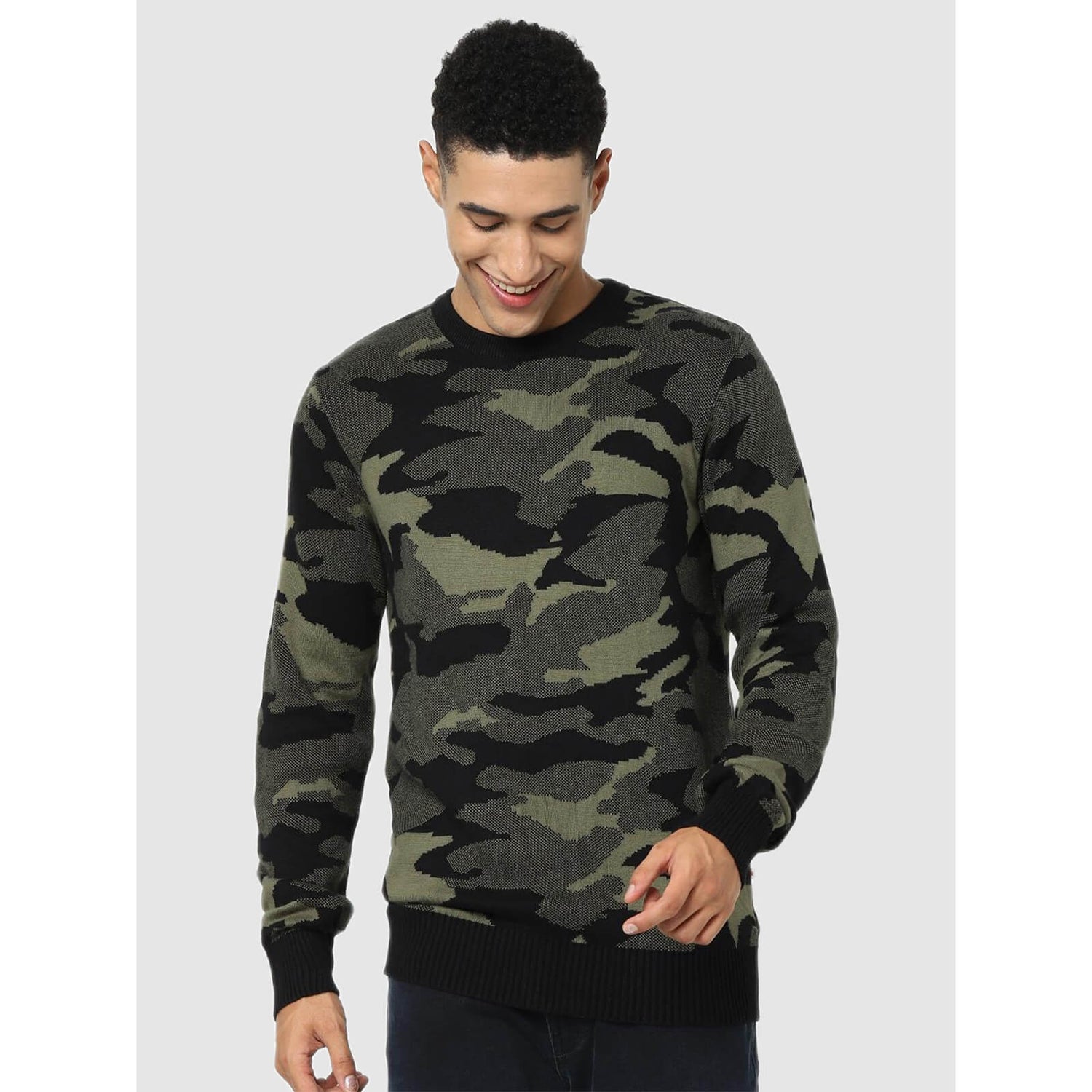 Black and Khaki Camouflage Regular Fit Sweater CECAMO Celio