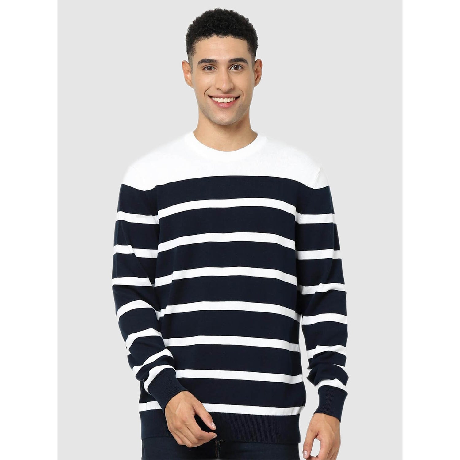 Navy and white striped sweatshirt online