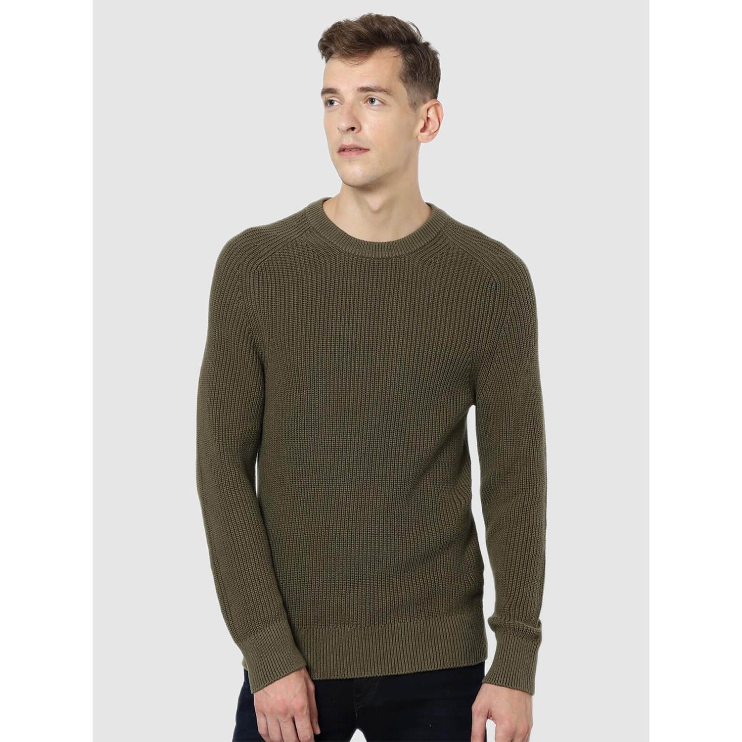 Olive Green Striped Pullover Sweater CEROND Celio