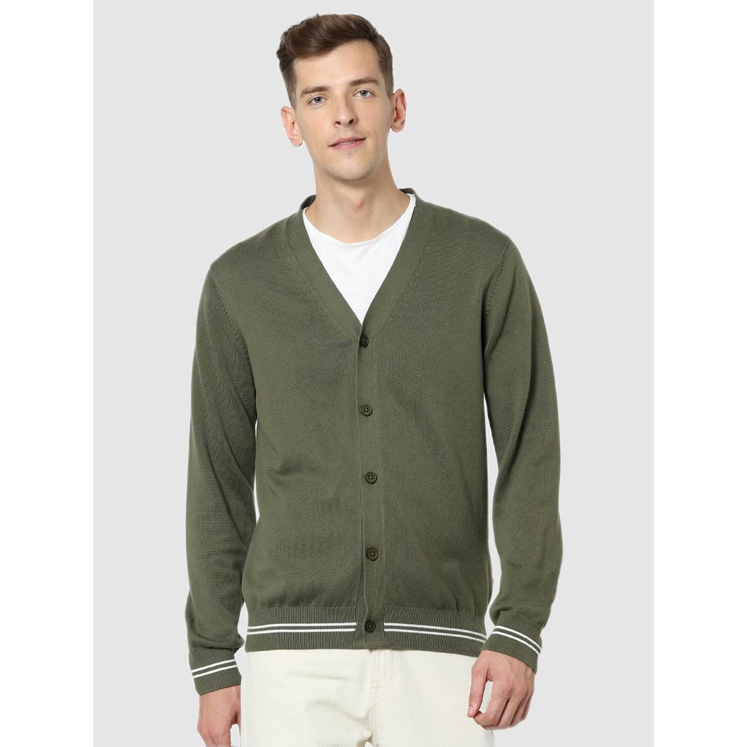 Olive Green White Cotton Cardigan Sweater CEBAPI Celio