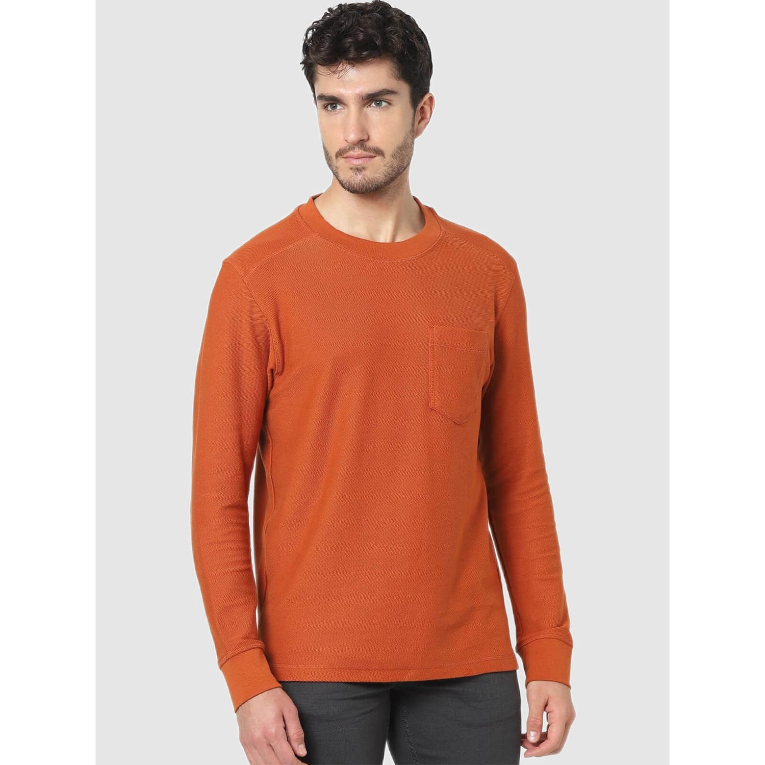 Orange Long Sleeves Round Neck Cotton T shirt CEFRAME