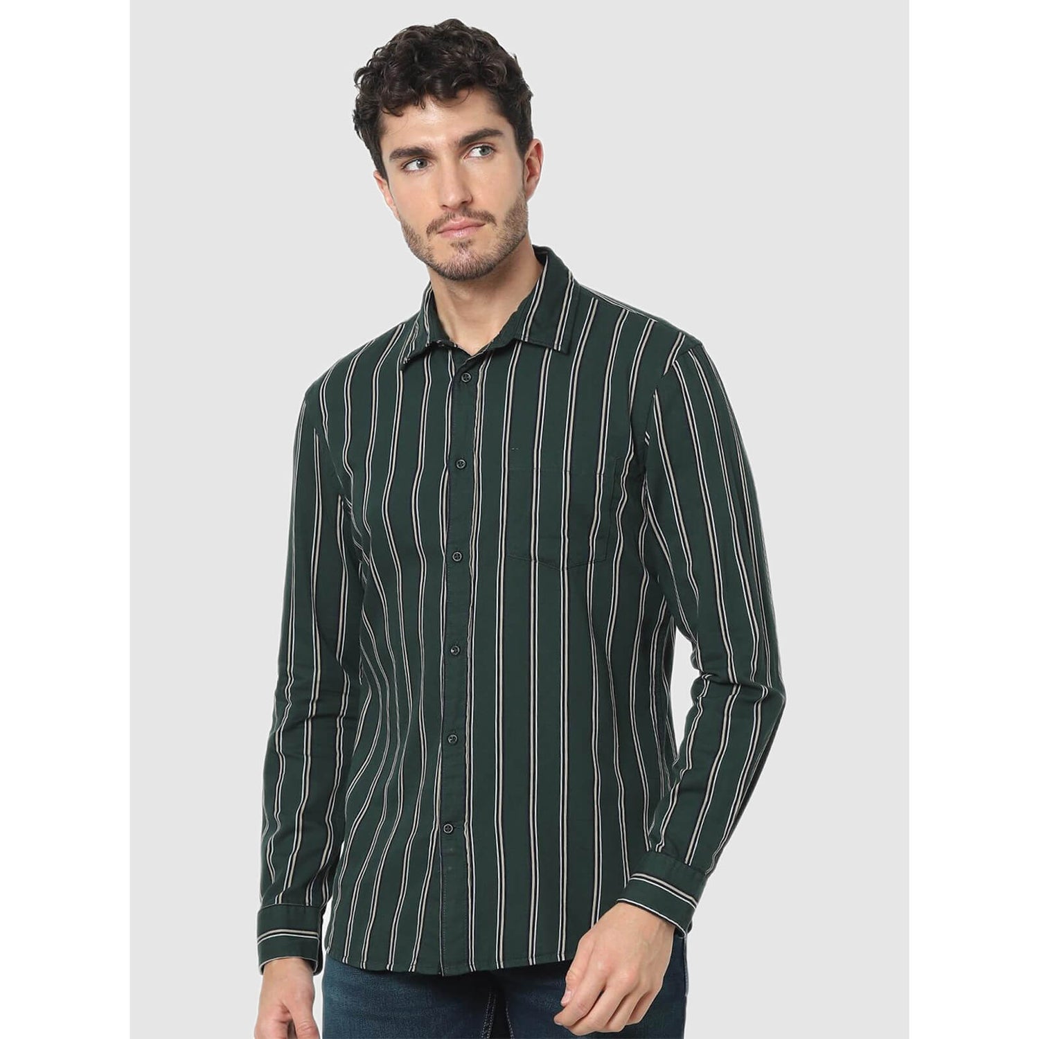 Olive Green Striped Long Sleeves Classic Casual Shirt CACOSTRIP Celio
