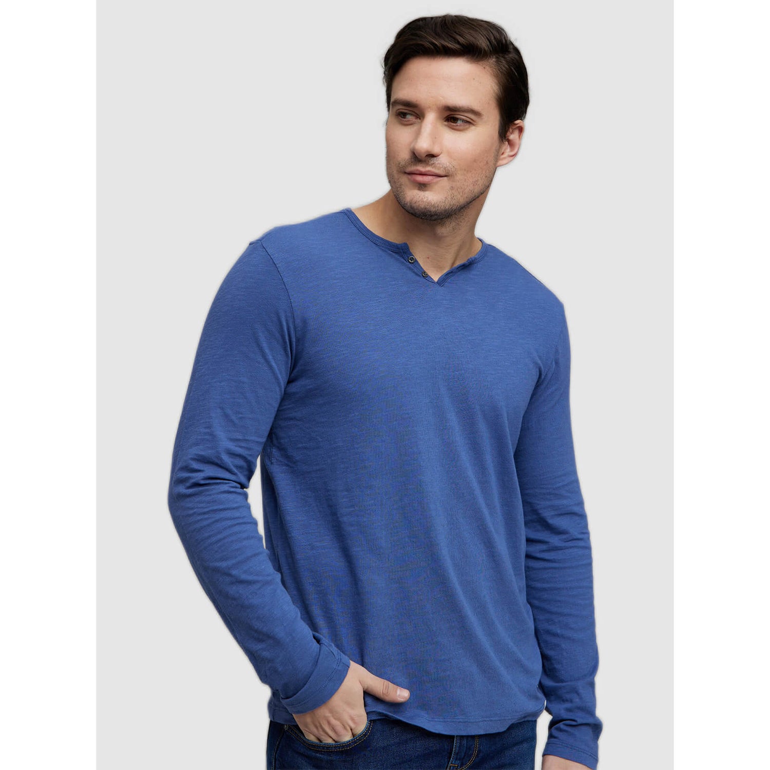 Blue Henley Neck Cotton T shirt ECABELONG2 Celio