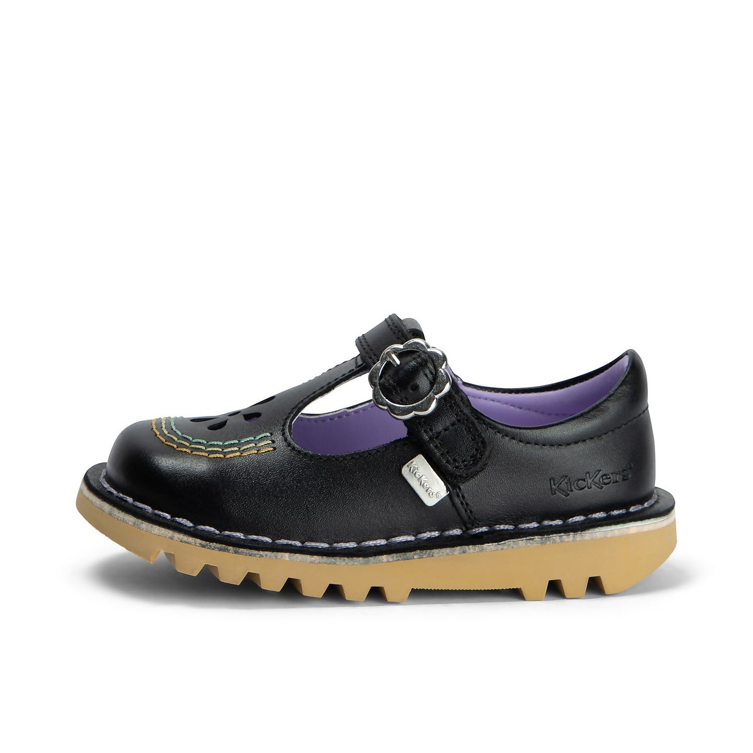 Infant Girls Kick T Bar Flower Leather Black Kickers