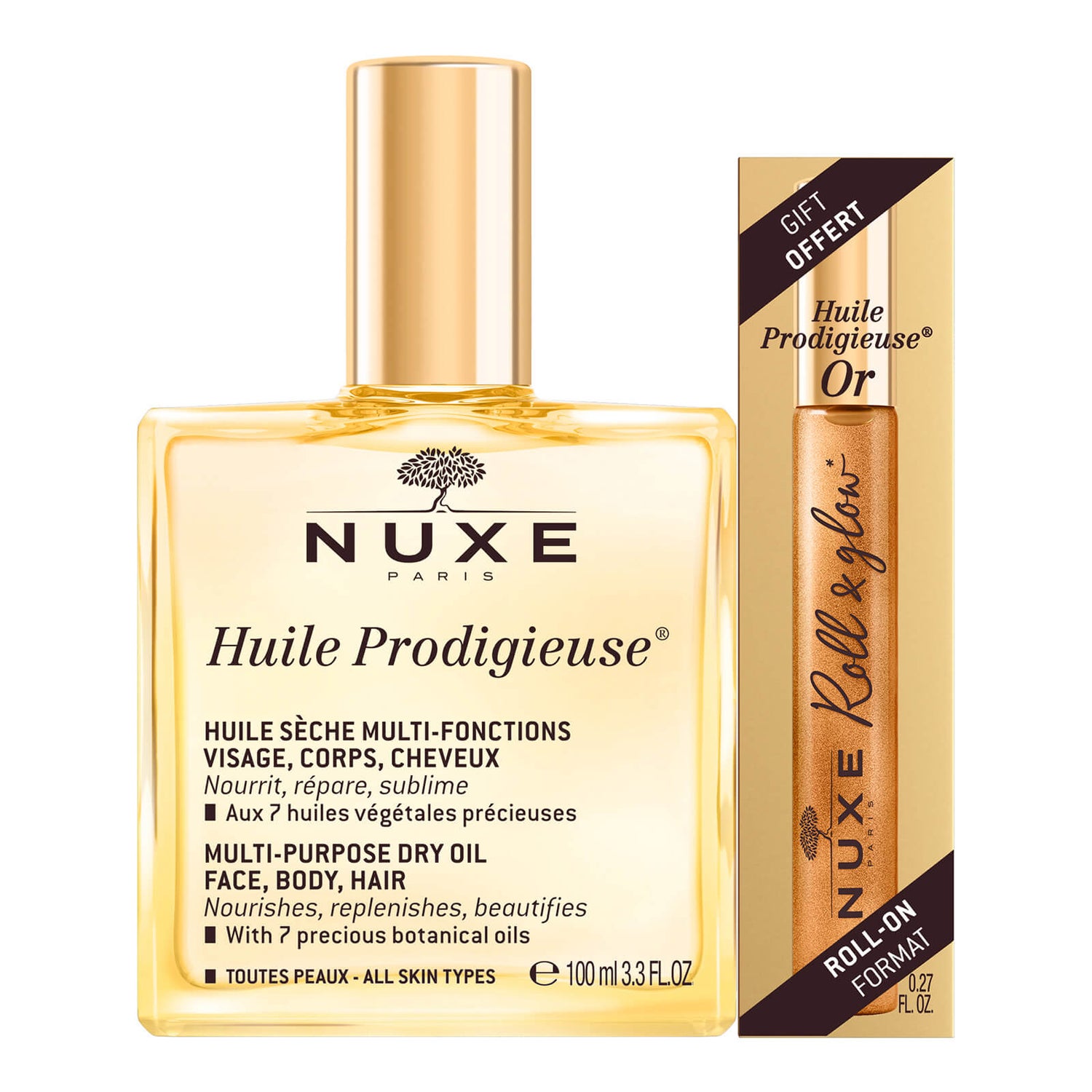 Huile Prodigieuse® 100ml & Huile Prodigieuse® Or 8ml in a free Roll-on format