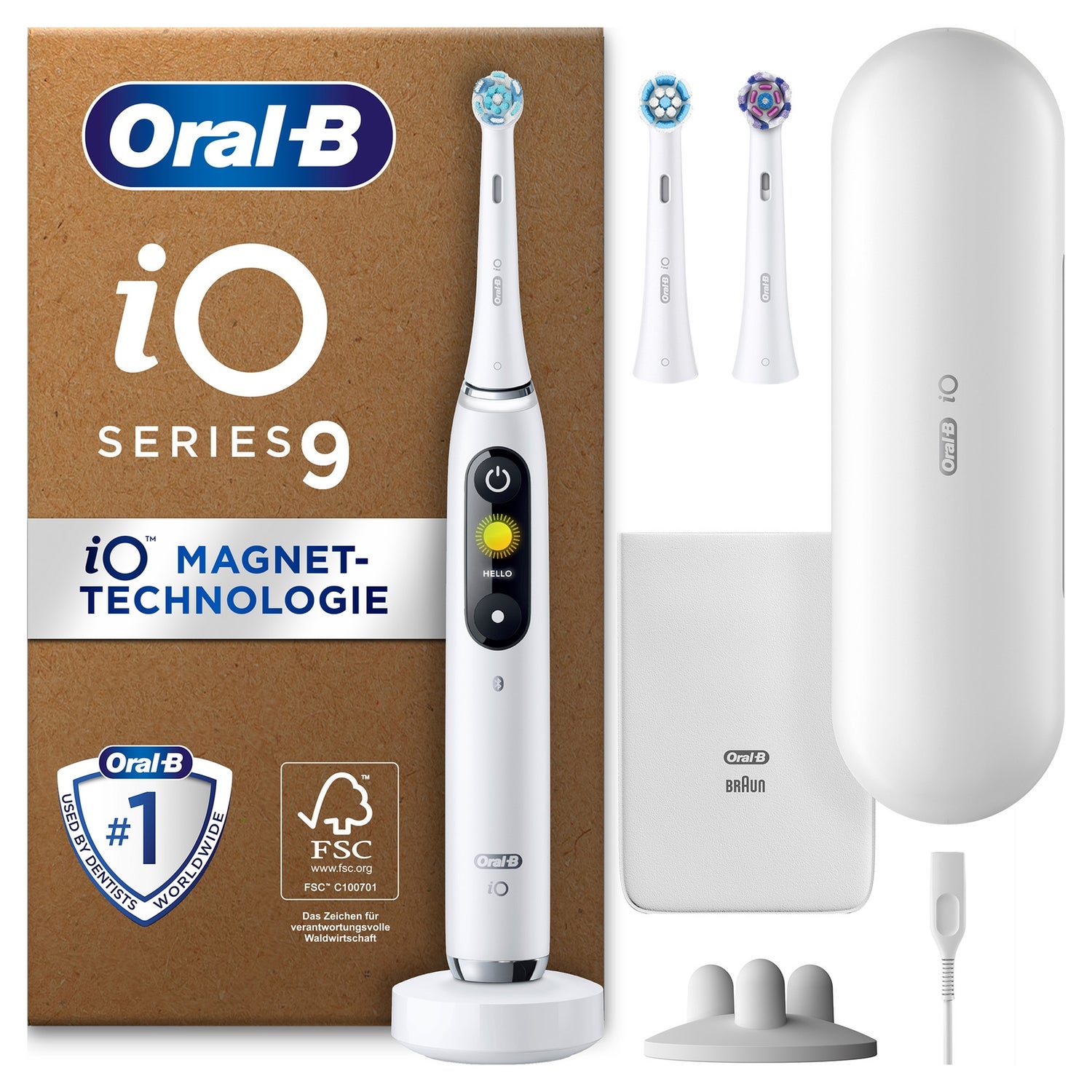 Oral-B iO Series 9 Plus Edition Elektrische Zahnbürste, Lade-Reiseetui, recycelbare Verpackung, White Alabaster