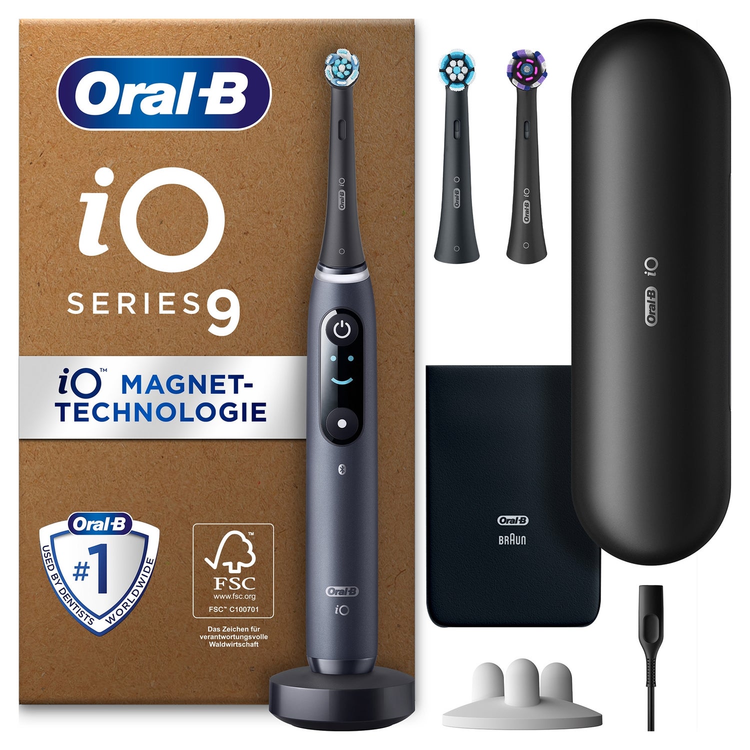 Oral-B iO Series 9 Plus Edition Elektrische Zahnbürste, Lade-Reiseetui, recycelbare Verpackung, Black Onyx