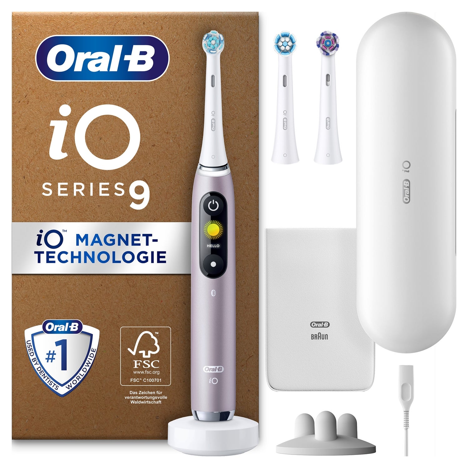 Oral-B iO Series 9 Plus Edition Elektrische Zahnbürste, Lade-Reiseetui, recycelbare Verpackung, Rose Quartz