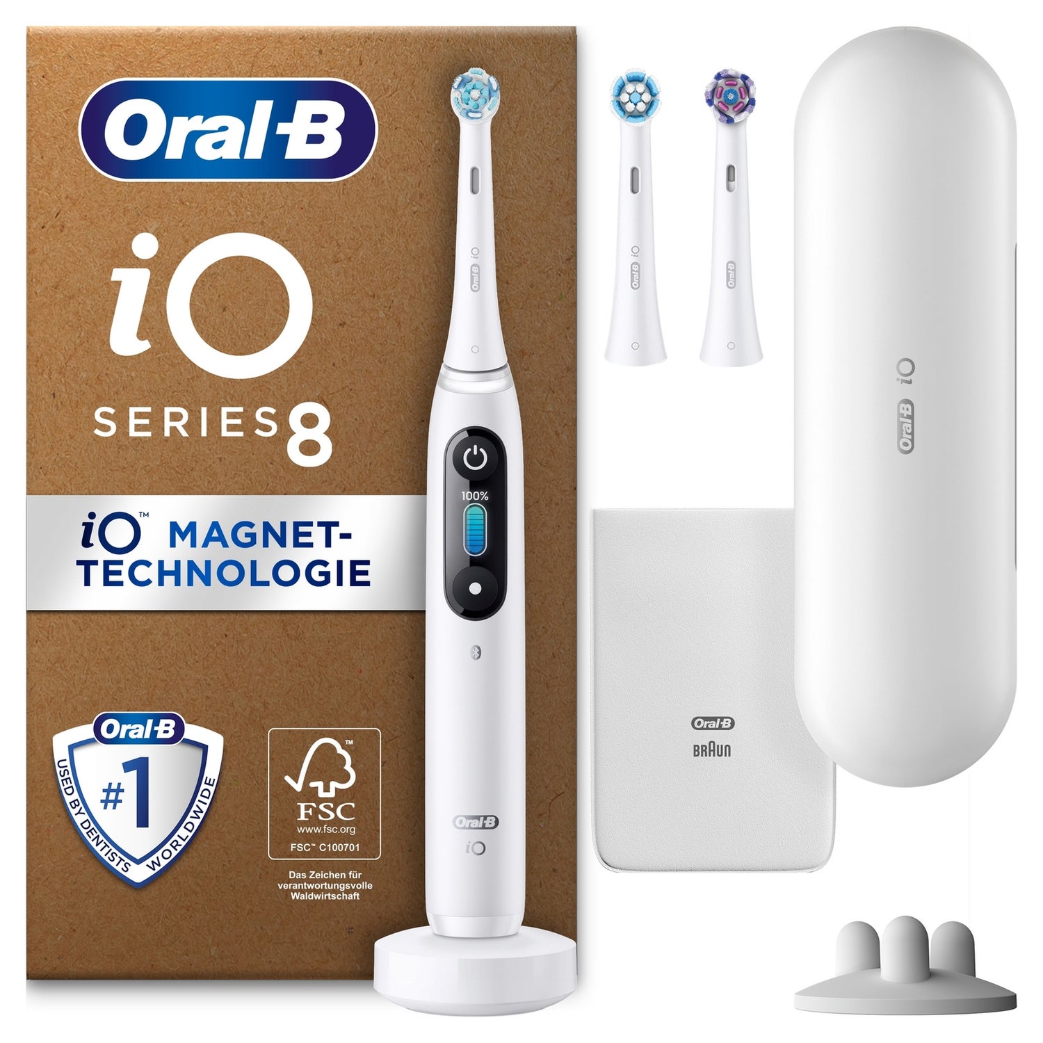 Oral-B iO Series 8 Plus Edition Elektrische Zahnbürste, Reiseetui, recycelbare Verpackung, White Alabaster