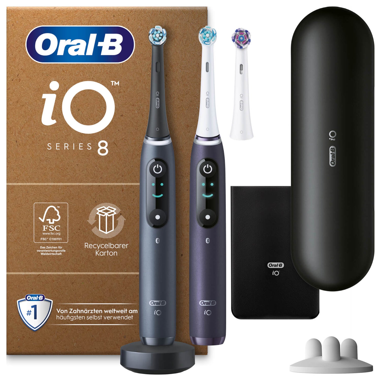 Oral-B iO Series 8 Plus Edition Duopack Elektrische Zahnbürste, Reiseetui, recycelbare Verpackung, Black Onyx/Violet Ametrine