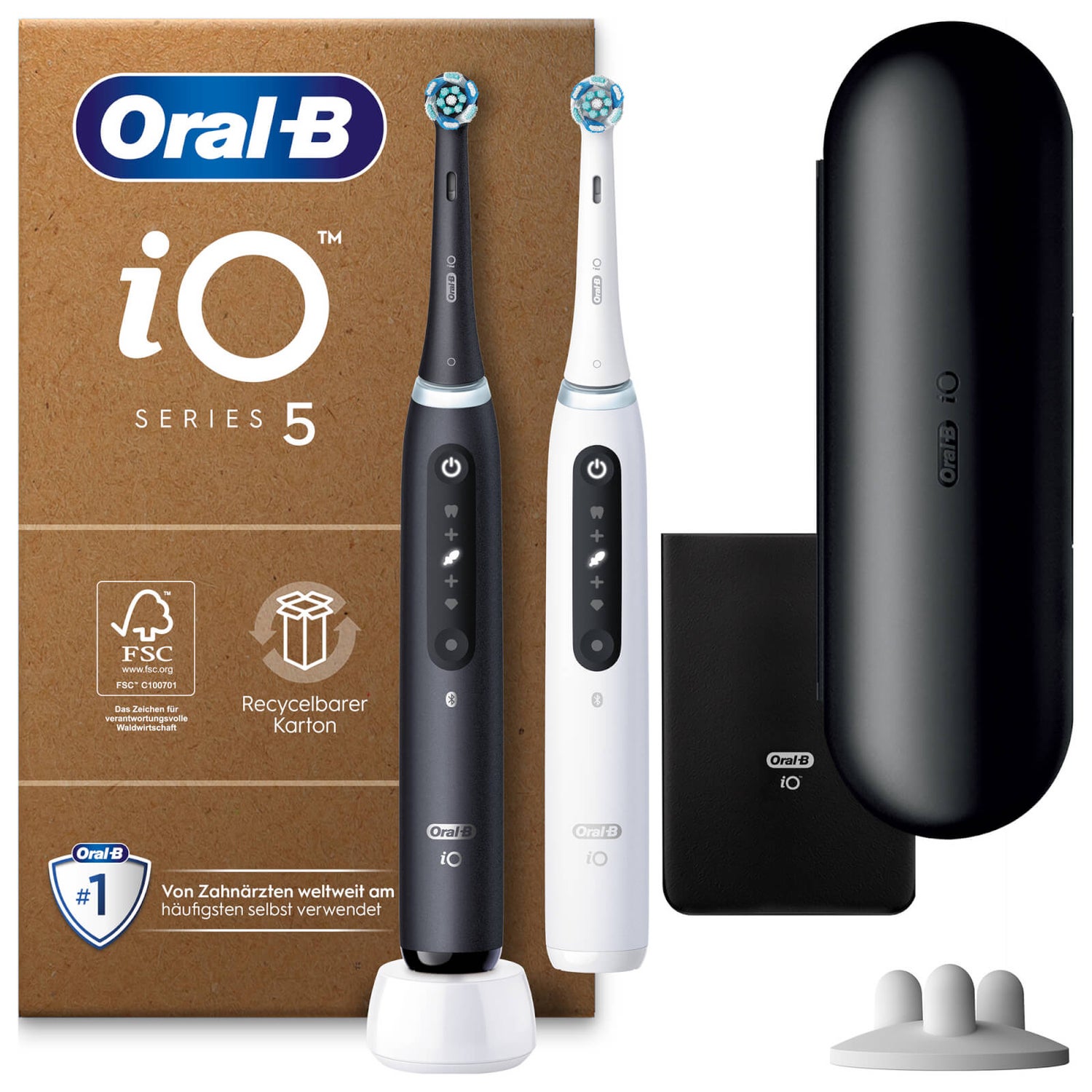 Oral-B iO Series 5 Plus Edition Duopack Elektrische Zahnbürste, Reiseetui, recycelbare Verpackung, Matt Black/Quite White
