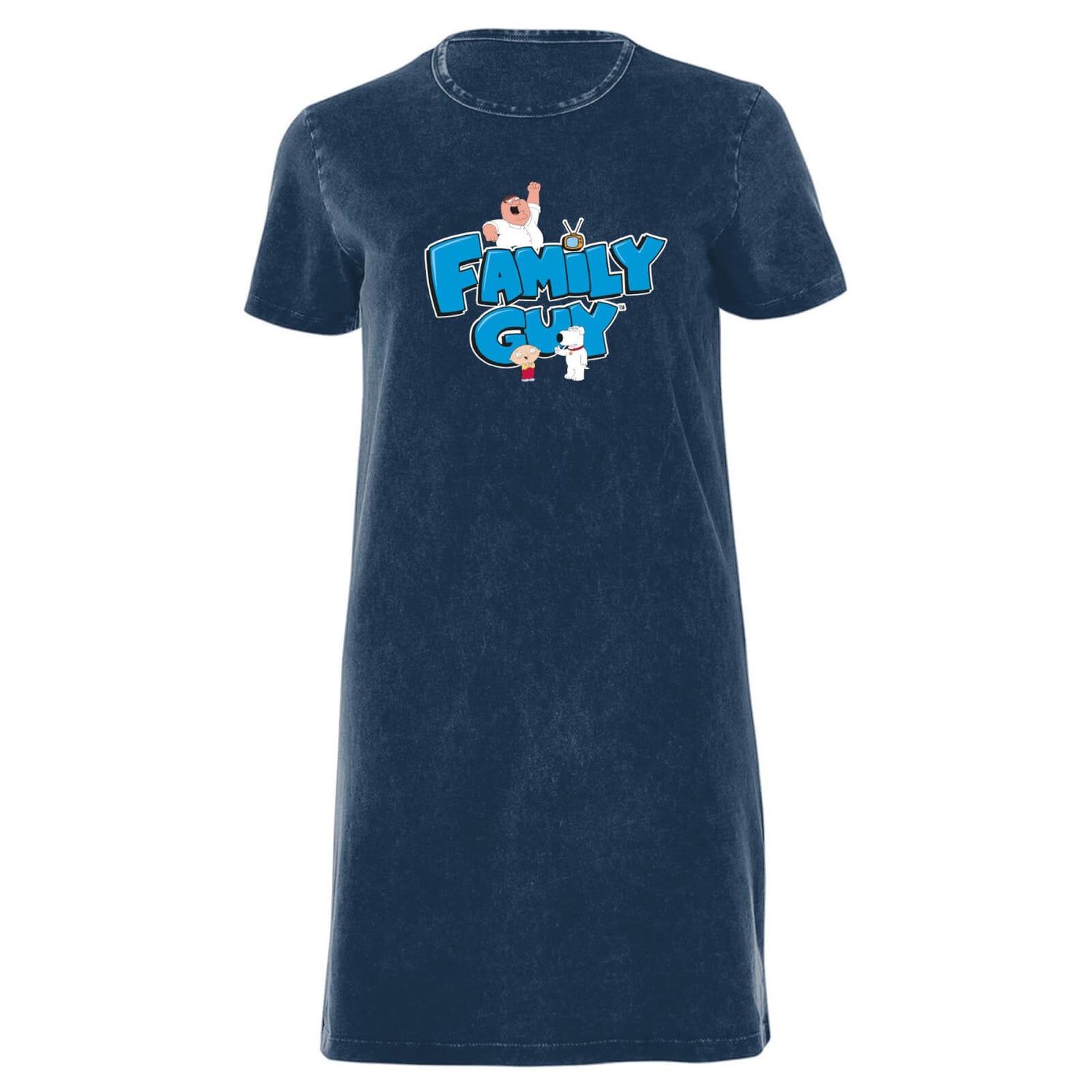 Family Guy Character Logo Women's T-Shirt Dress - Navy Acid Wash