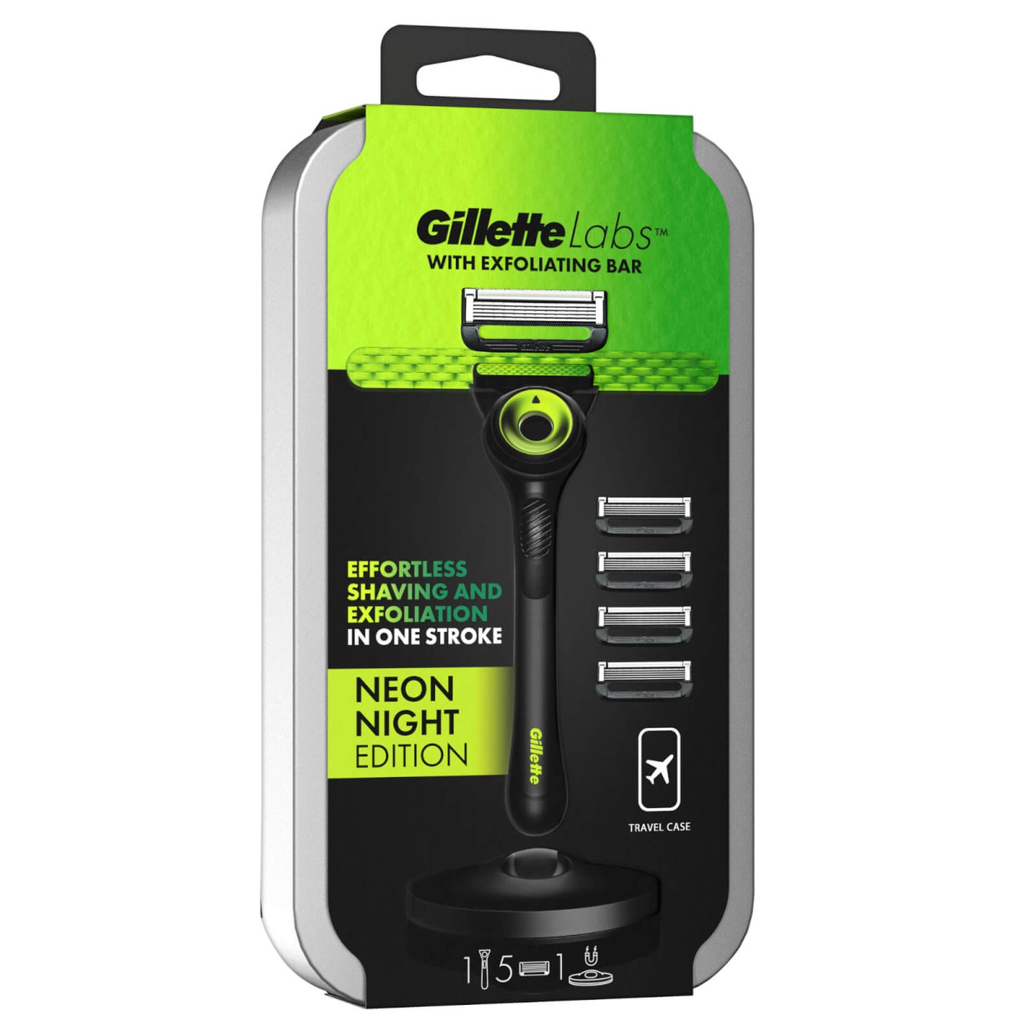 Gillette Labs with Exfoliating Bar Razor Neon Night Edition, Travel Case, Magnetic Stand and Razor Blades