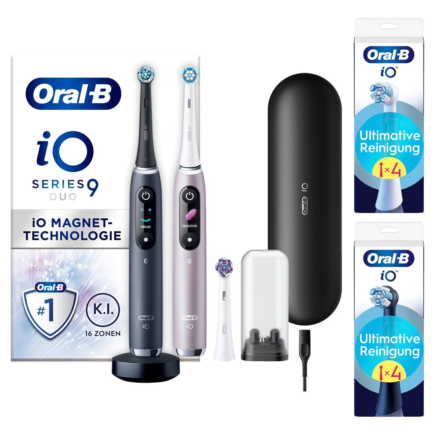 Oral-B iO Series 9 Duopack Elektrische Zahnbürste, Lade-Reiseetui, Black Onyx/Rose Quartz