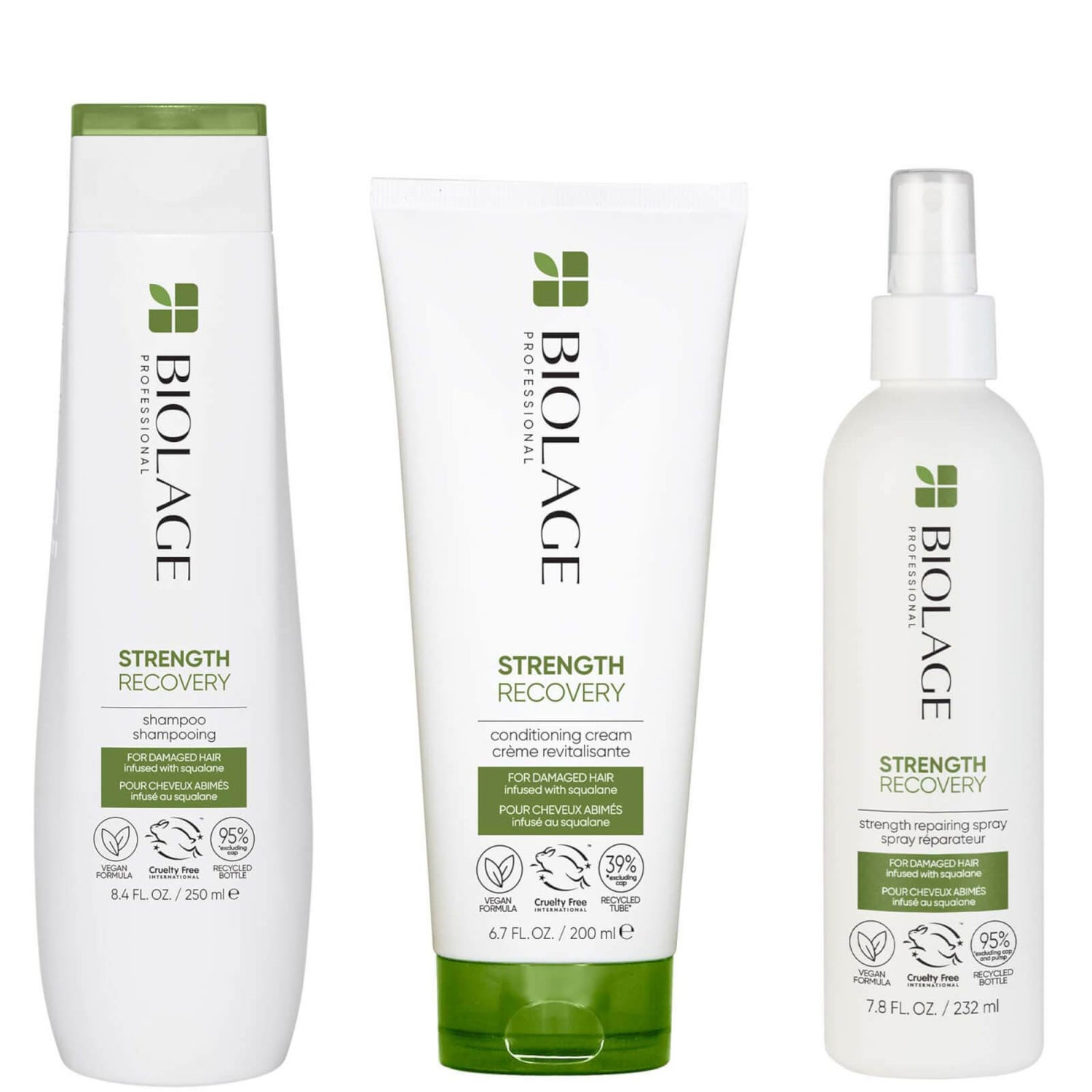 Biolage Professional Strength Recovery Vegan Cleansing Shampoo, Conditioner and Leave-in Spray Routine for Damaged Hair