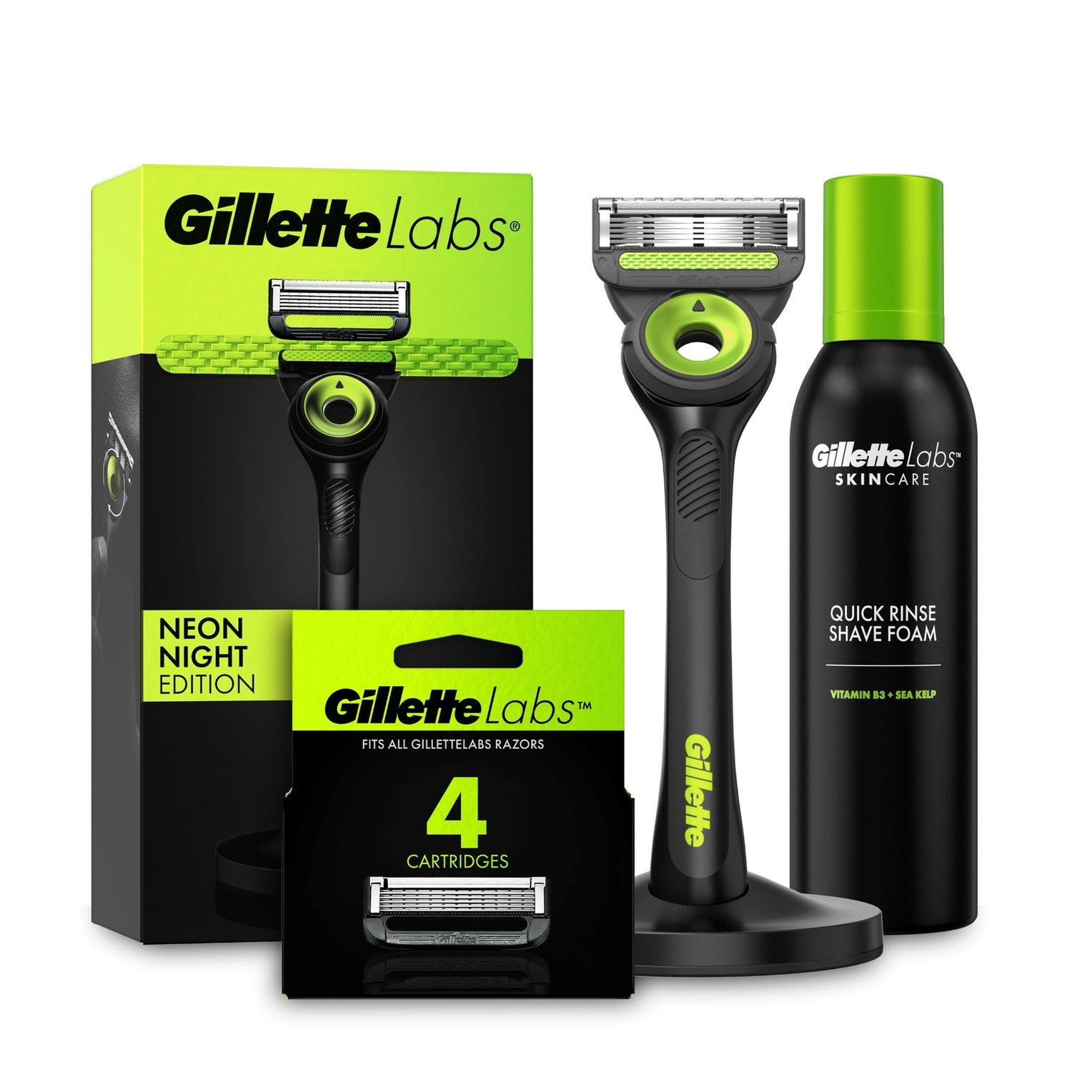 Gillette Labs Neon Night Razor, Foam, Moisturiser & 4 Blades