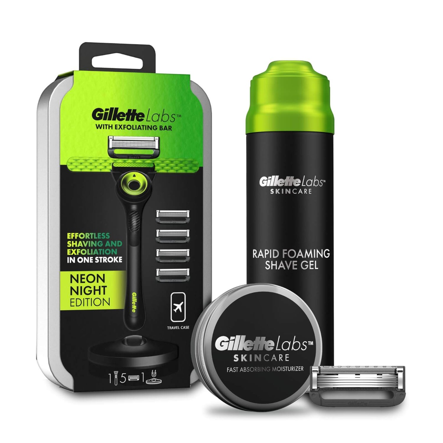 Gillette Labs Neon Night Razor, Travel Case, 4 Blade Refills, Shaving Gel, Moisturiser