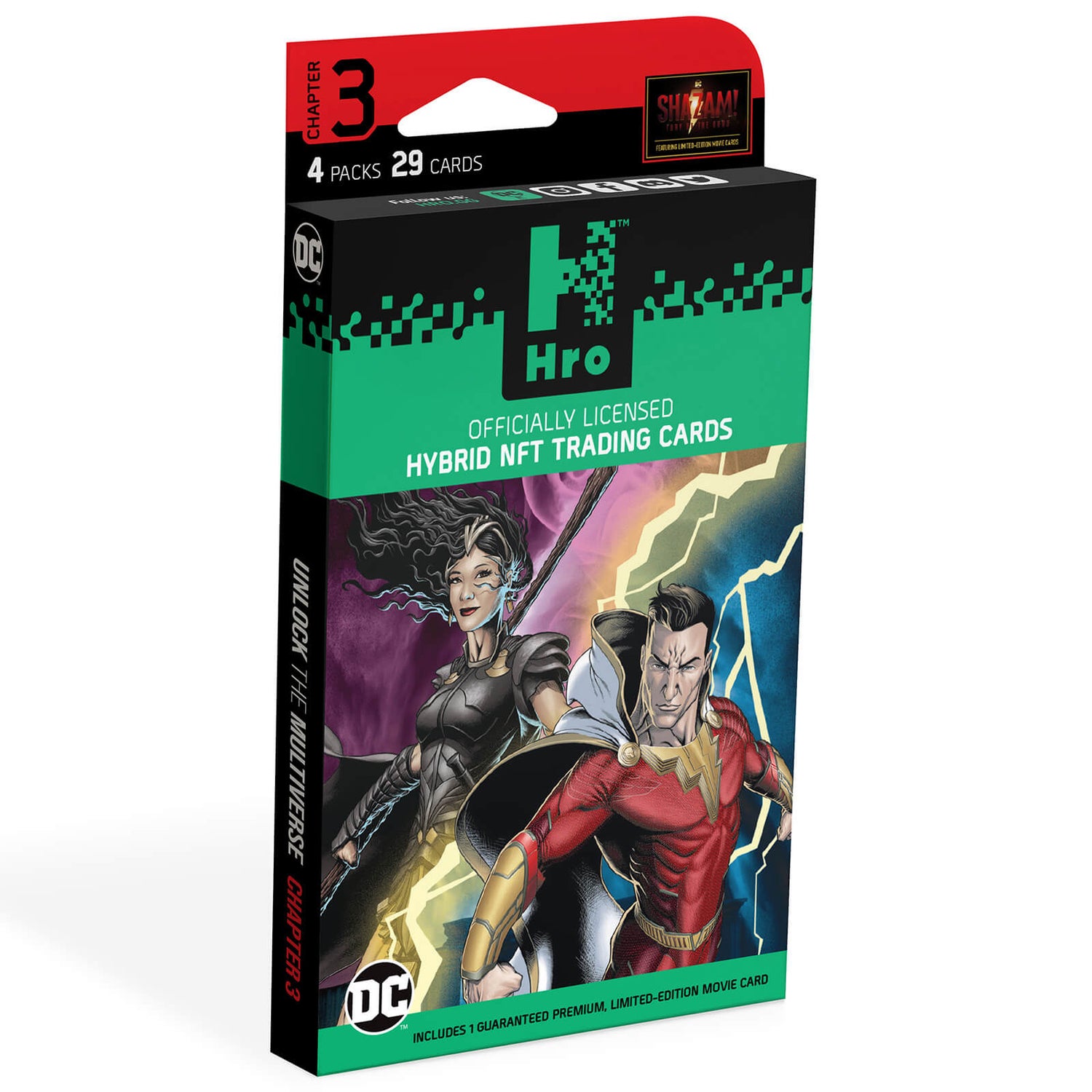 DC Unlock The Multiverse Chapter 3 Shazam 4-Pack Premium Box – HRO Hybrid NFT Trading Cards, 29 Cards