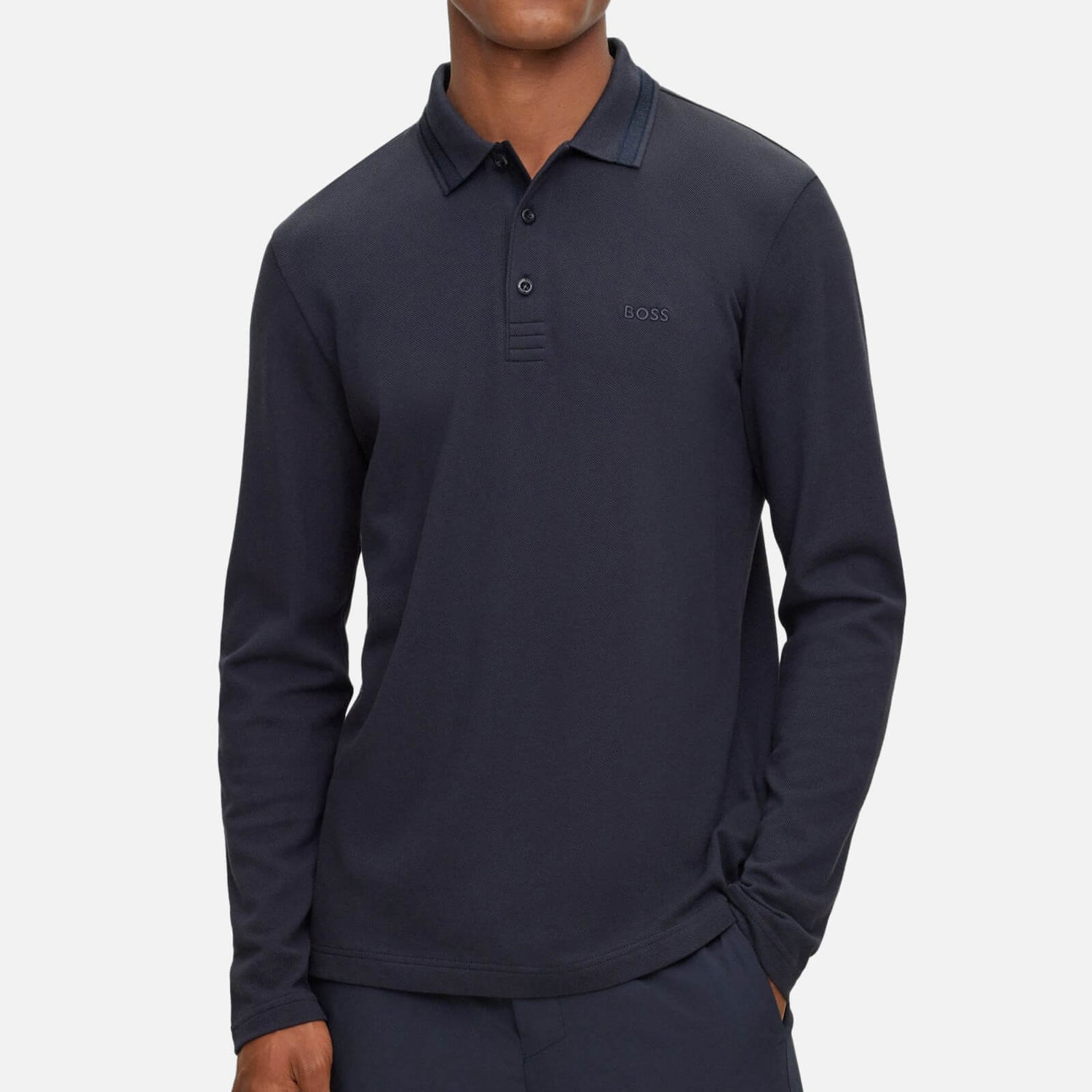 BOSS Green Plisy Long Sleeved Cotton-Piqué Polo Shirt - S