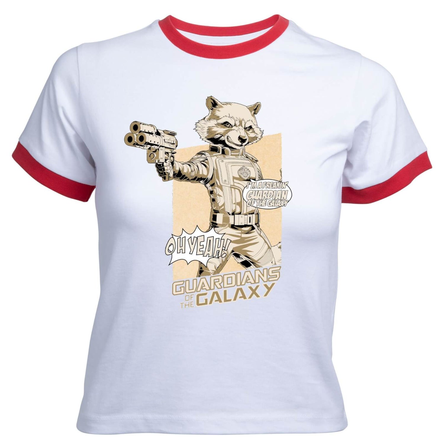 Guardians of the Galaxy Rocket Raccoon Oh Yeah! Women's Cropped Ringer T-Shirt - White Red