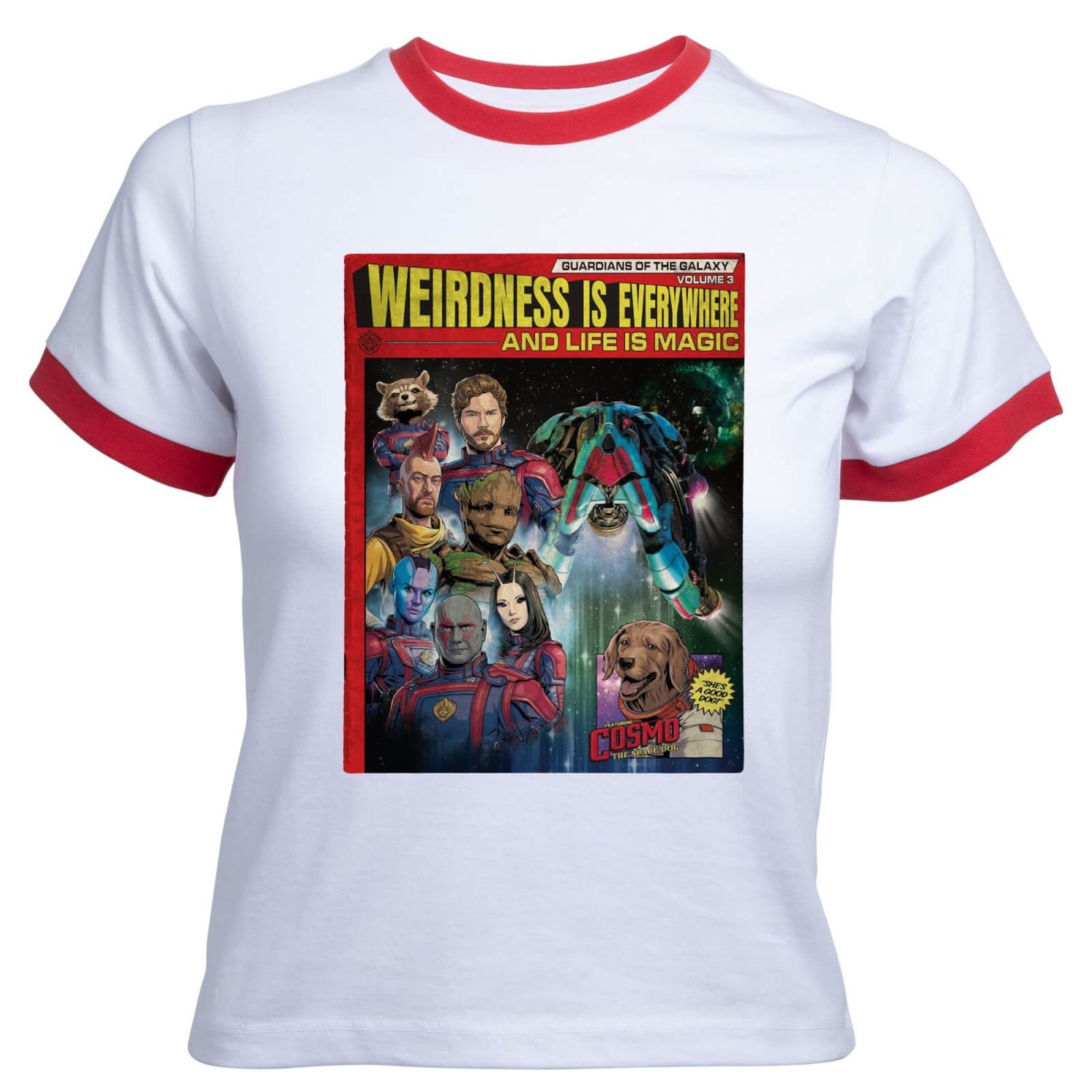 Guardians of the Galaxy Weirdness Is Everywhere Comic Book Cover Women's Cropped Ringer T-Shirt - White Red