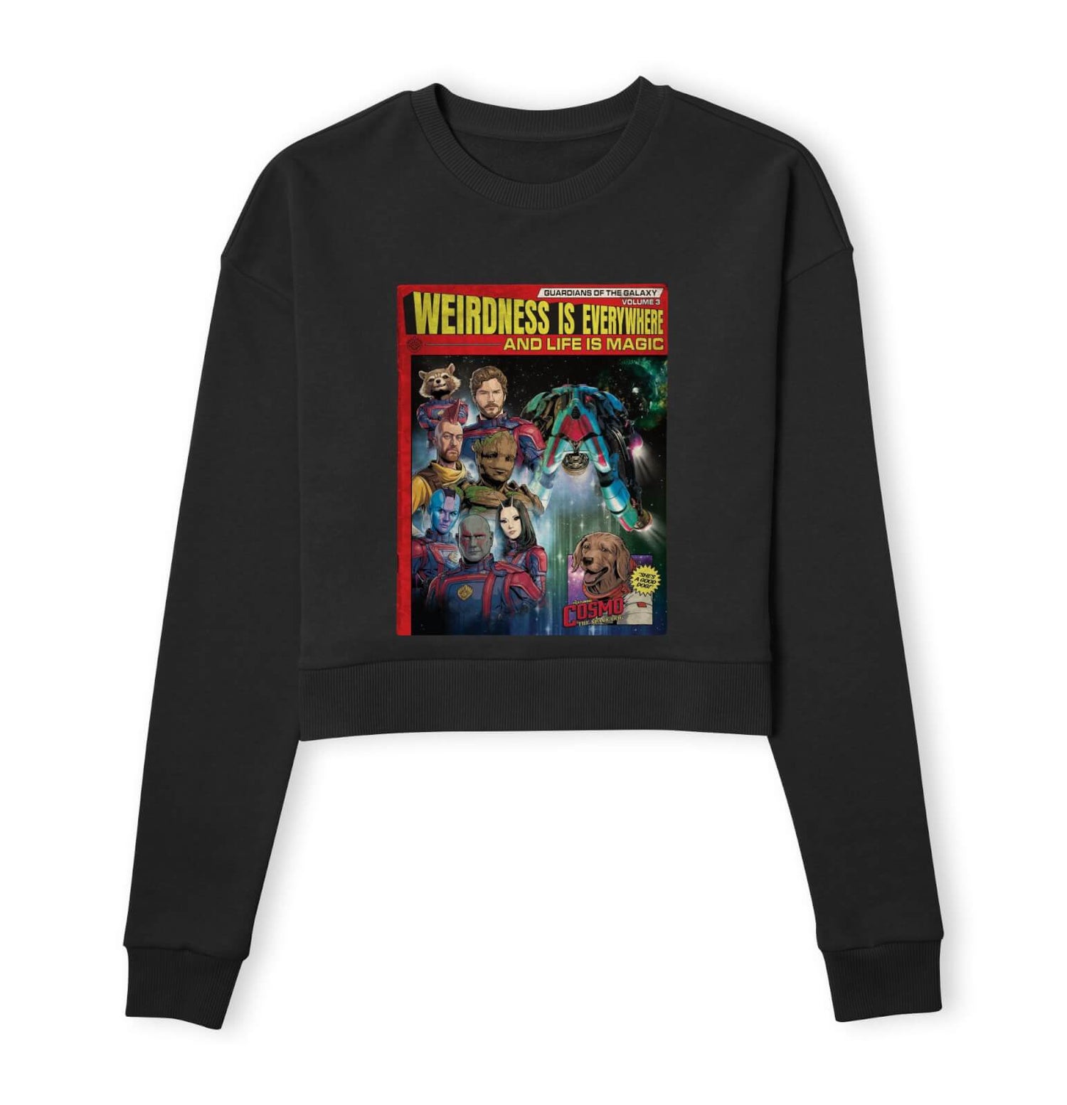 Guardians of the Galaxy Weirdness Is Everywhere Comic Book Cover Women's Cropped Sweatshirt - Black