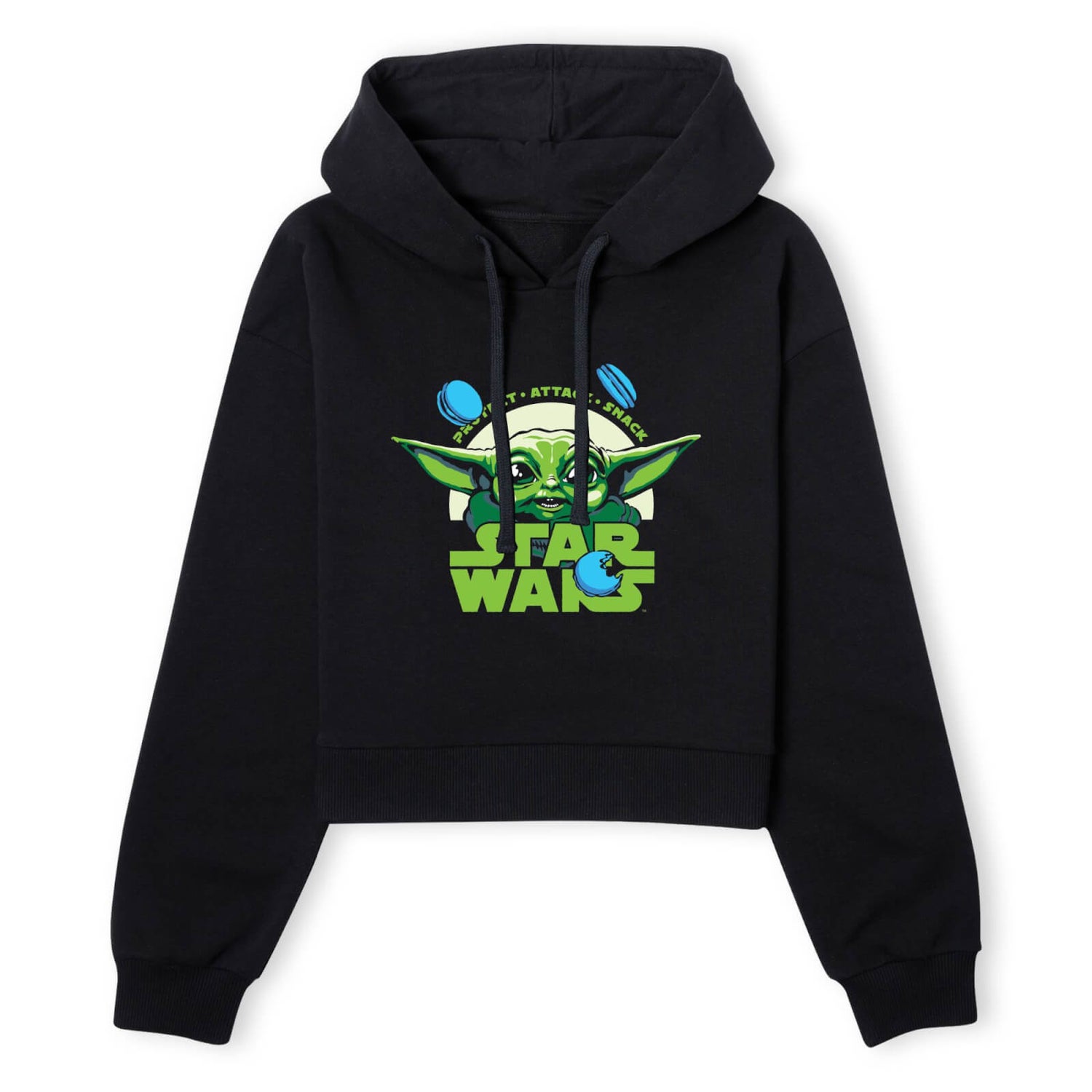 The Mandalorian Grogu Protect Attack Snack Women's Cropped Hoodie - Black