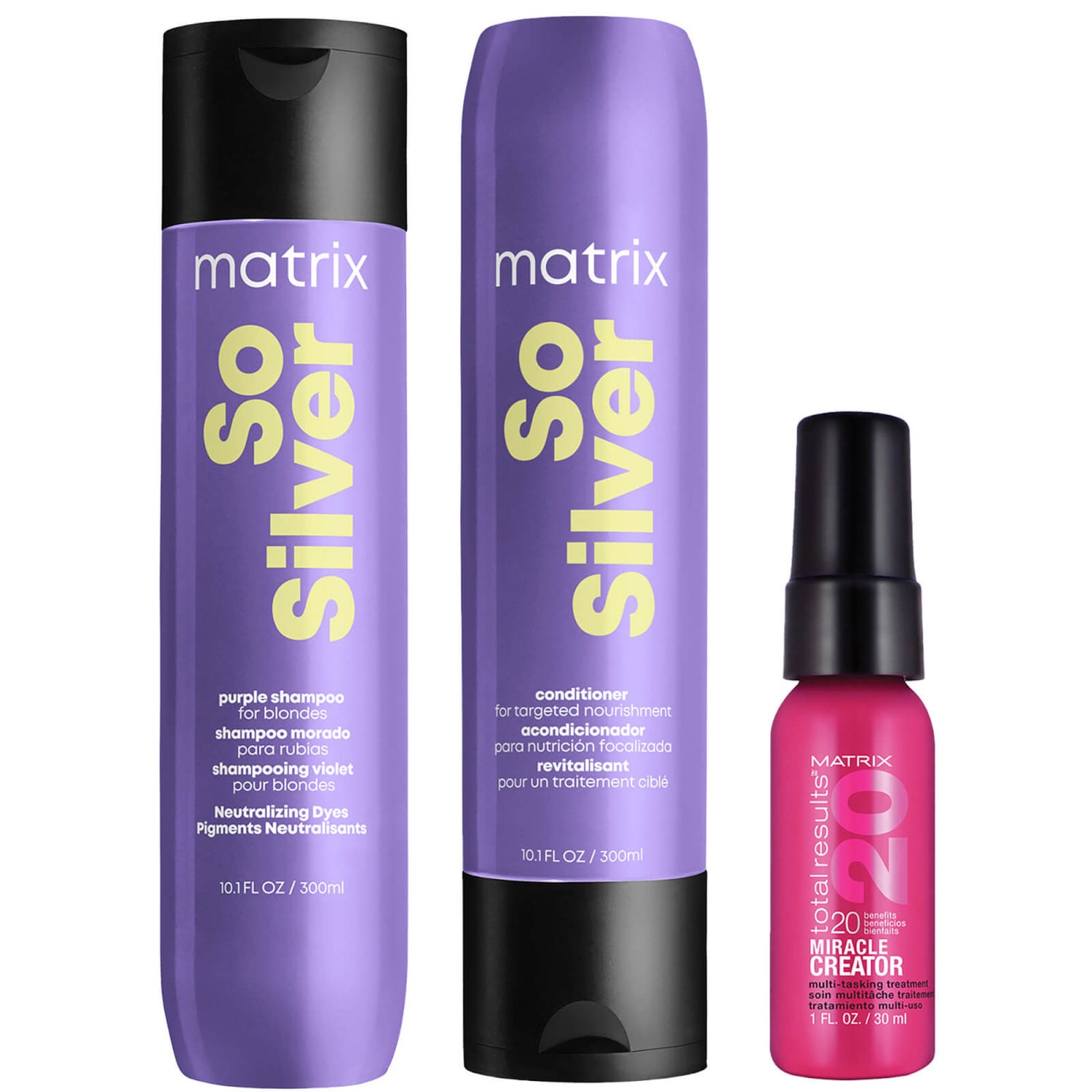 Matrix So Silver Shampoo 300ml, Conditioner 300ml + Mini Miracle Creator 30ml For Blonde, Silver & Grey Hair (Worth £32.89)