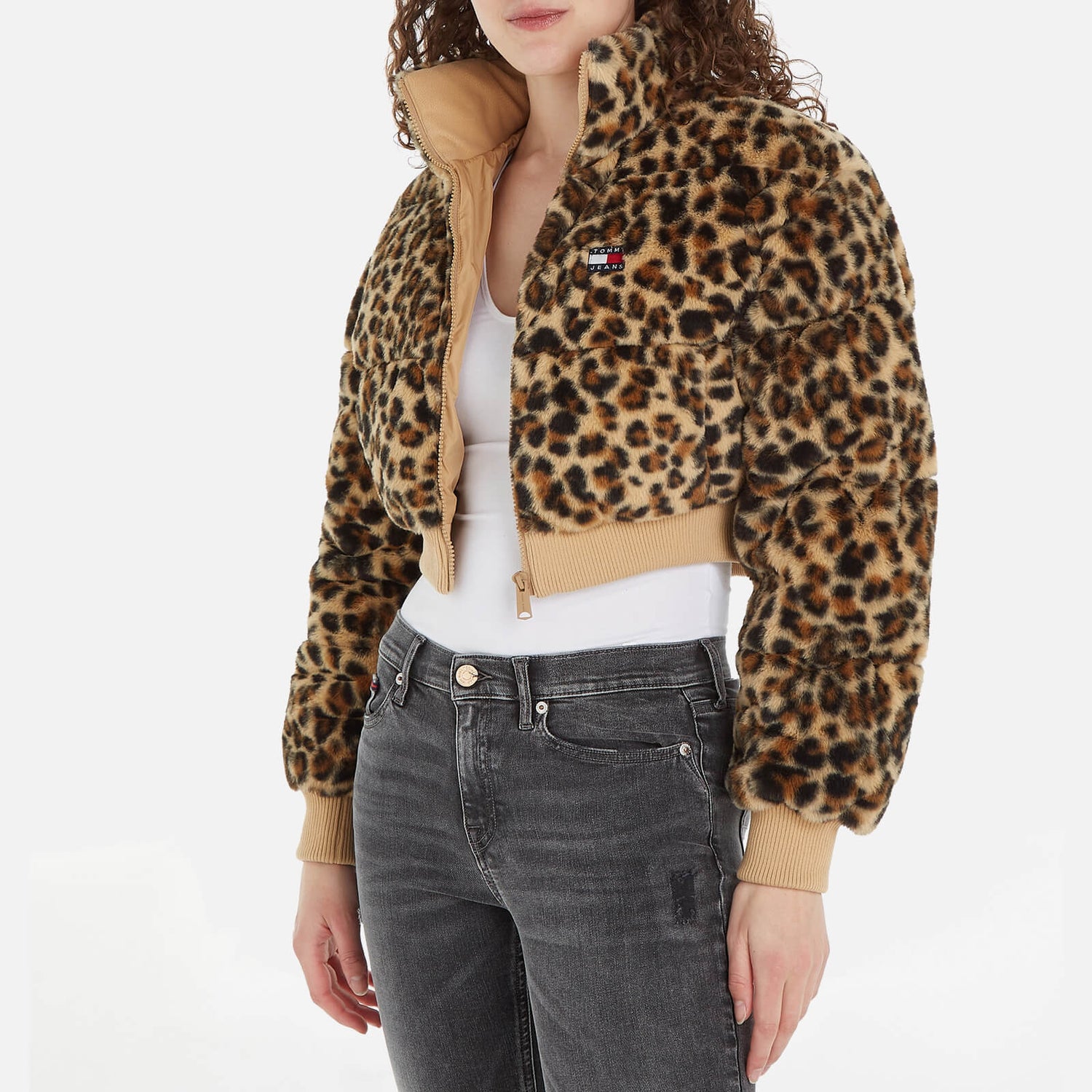 Tommy Jeans Leopard-Print Faux Fur Cropped Puffer Jacket - S