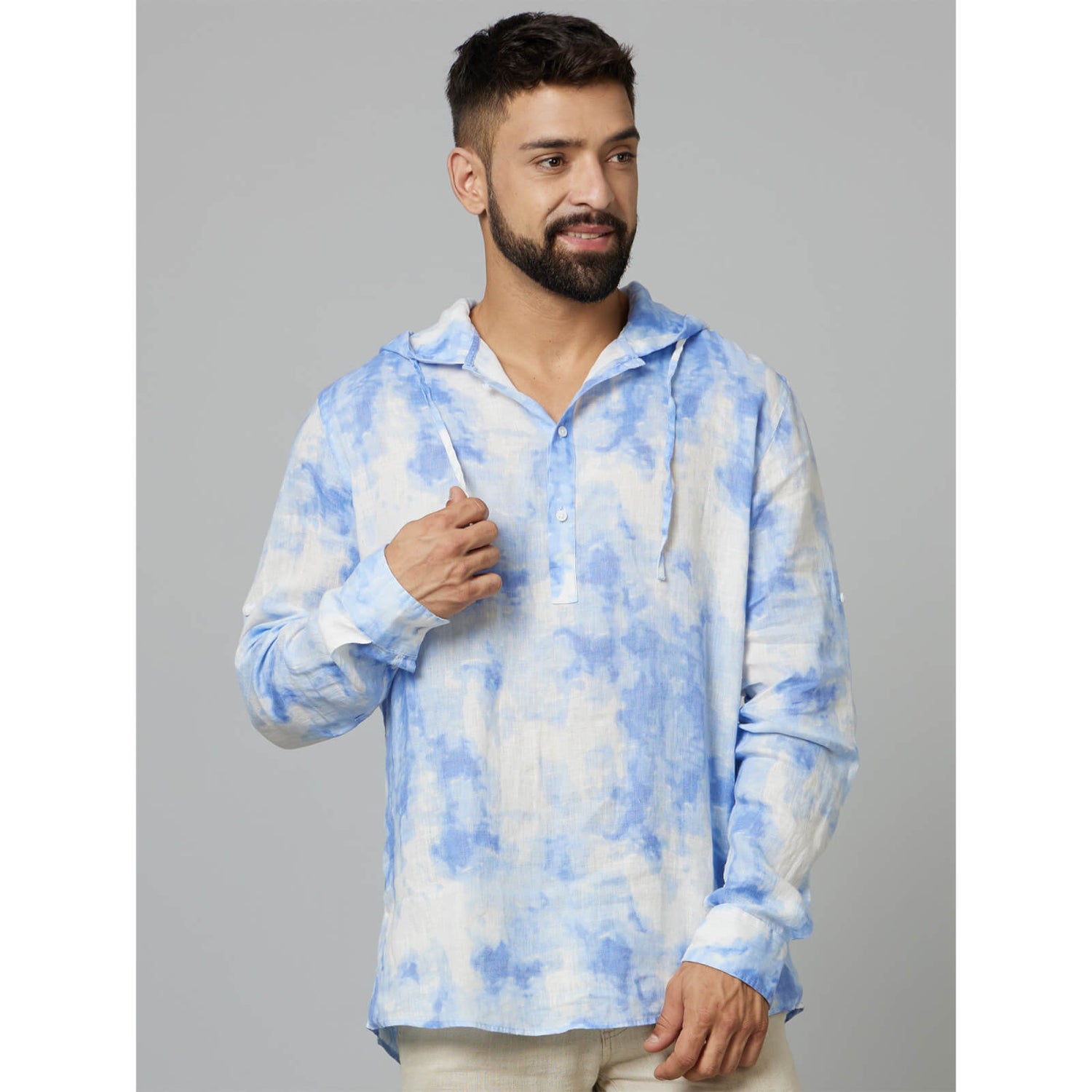 Blue Classic Tie and Dye Dyed Hooded Half Placket Casual Linen Shirt DALINPRISH Celio