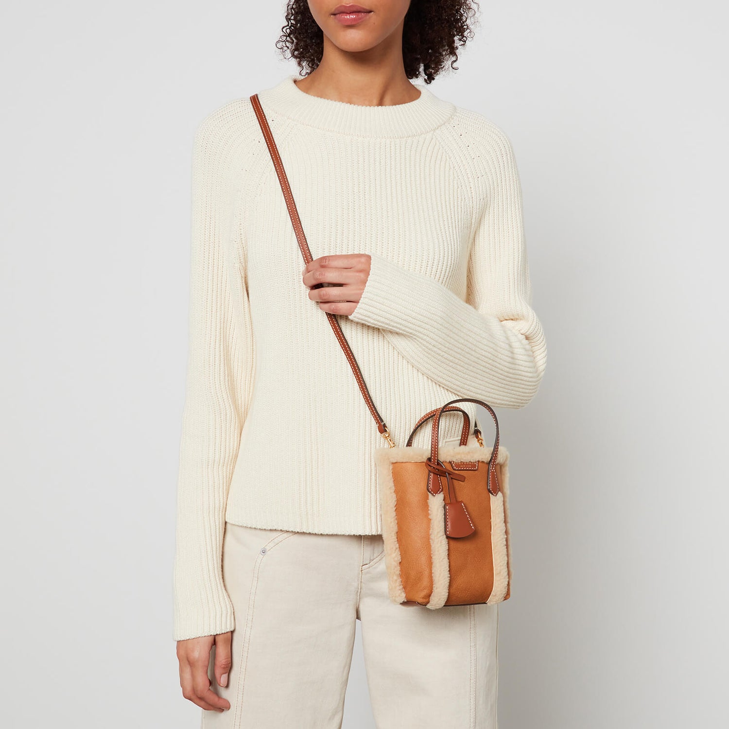 Tory Burch Perry Shearling Mini N/S Tote Bag - Tan 0