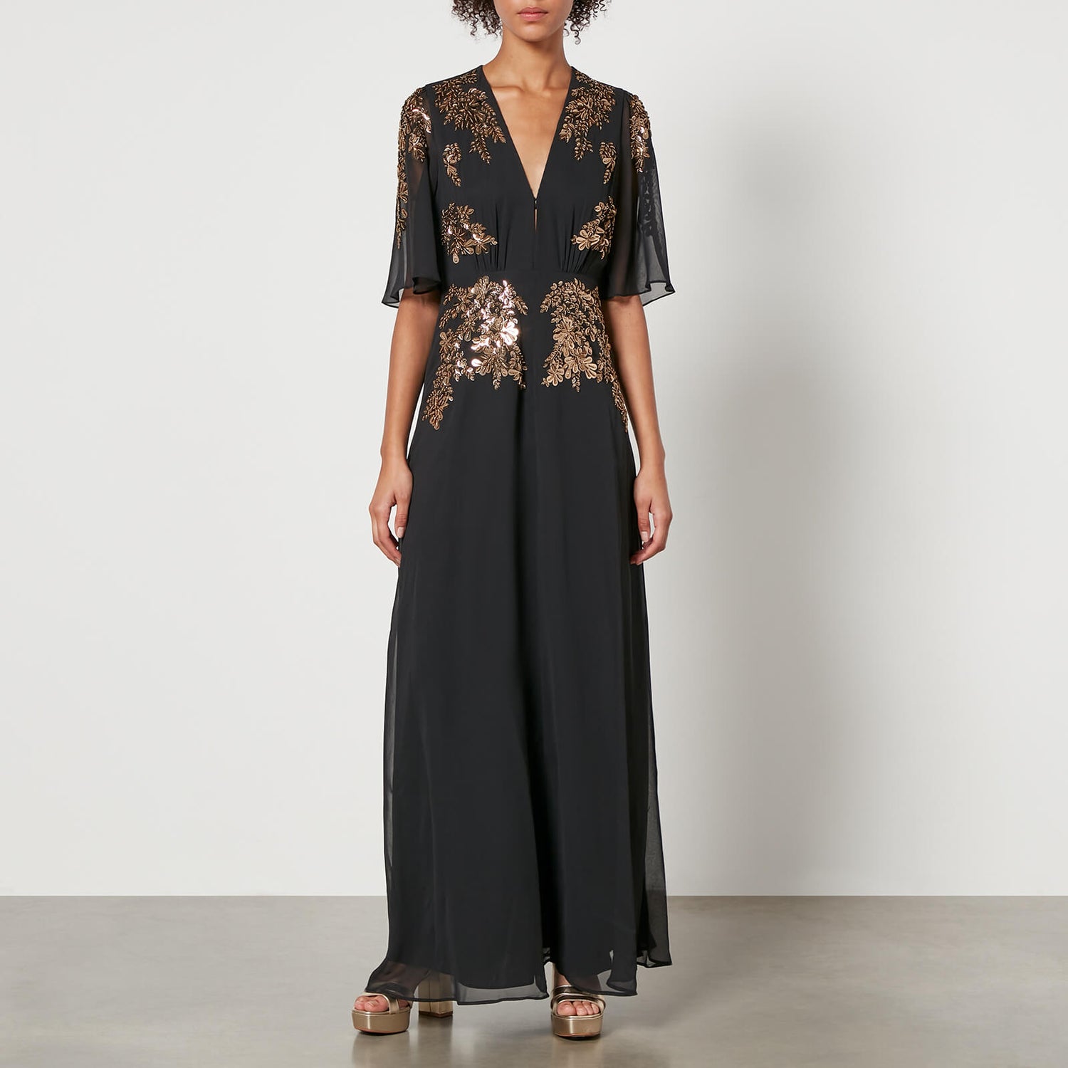Embellished lace detail discount chiffon maxi dress