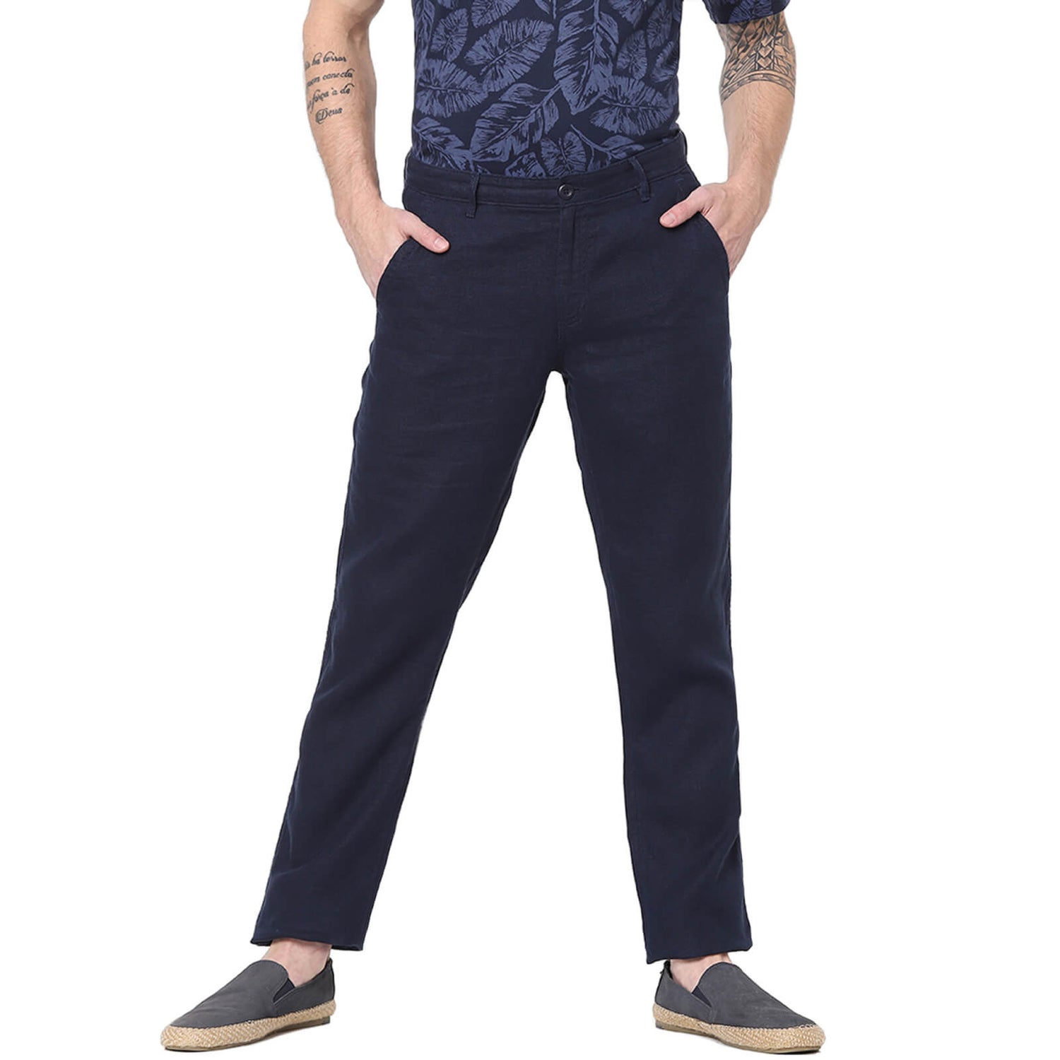 Blue Solid Straight Fit Linen Trousers BOFLEX Celio