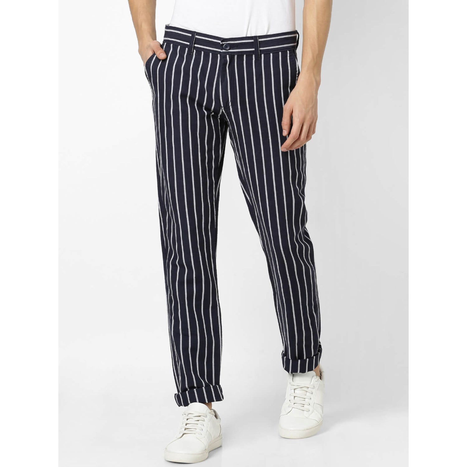 Blue and white striped trousers mens discount