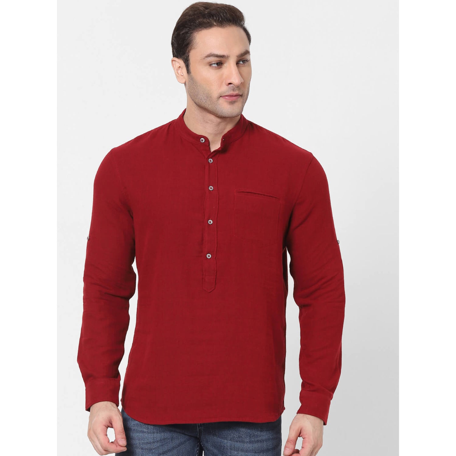 Maroon Mandarin Collar Cotton Casual Shirt SATWIN Celio