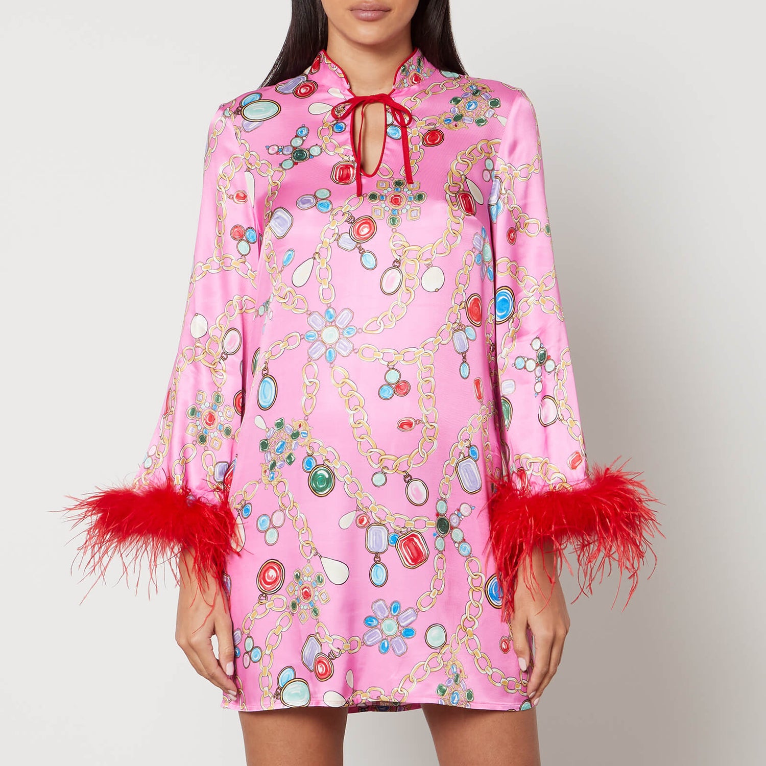 Kitri Carlotta Printed Feather-Trimmed Satin Mini Dress - UK 10