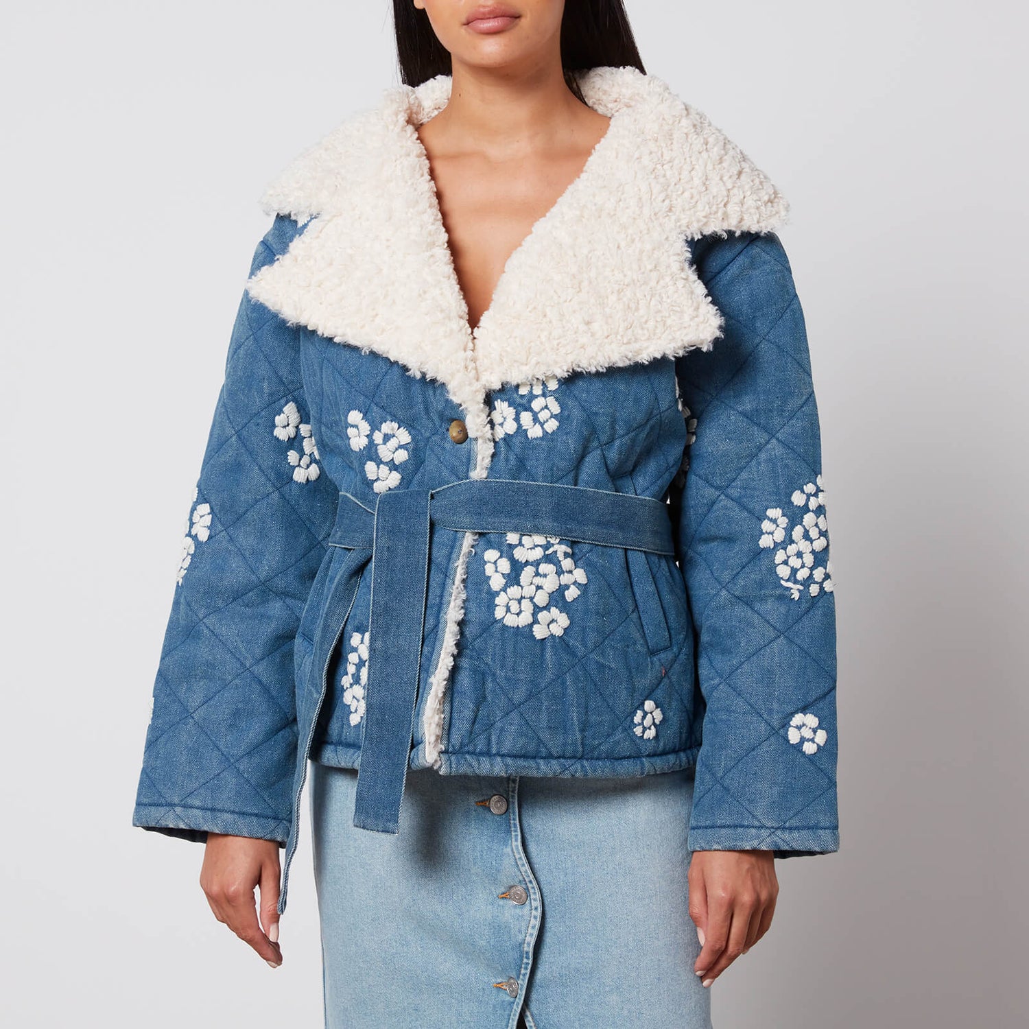 Tach Wilma Floral-Embrodiered Denim and Fleece Jacket - S