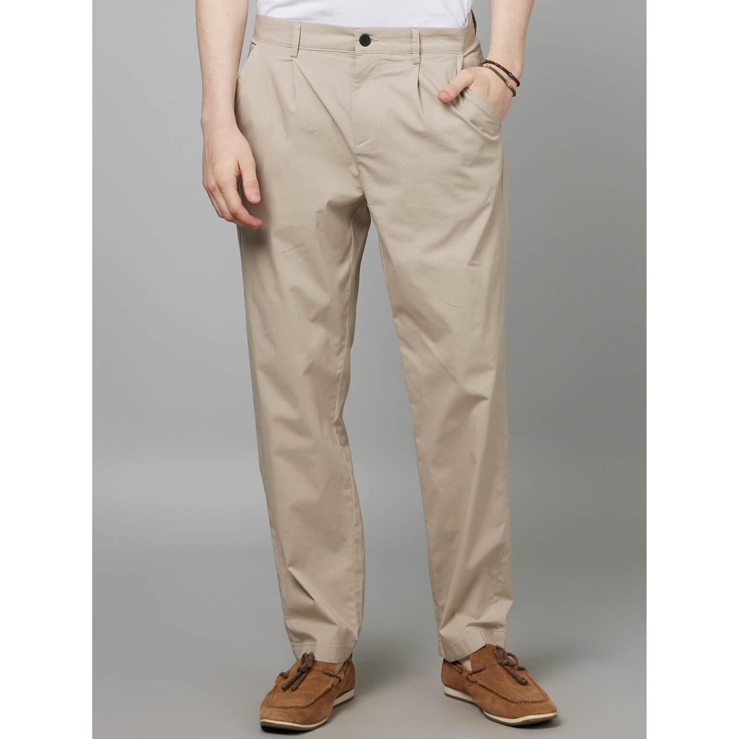 Brown Mid Rise Classic Loose Fit Plain Cotton Chinos Trousers FOCHI Celio