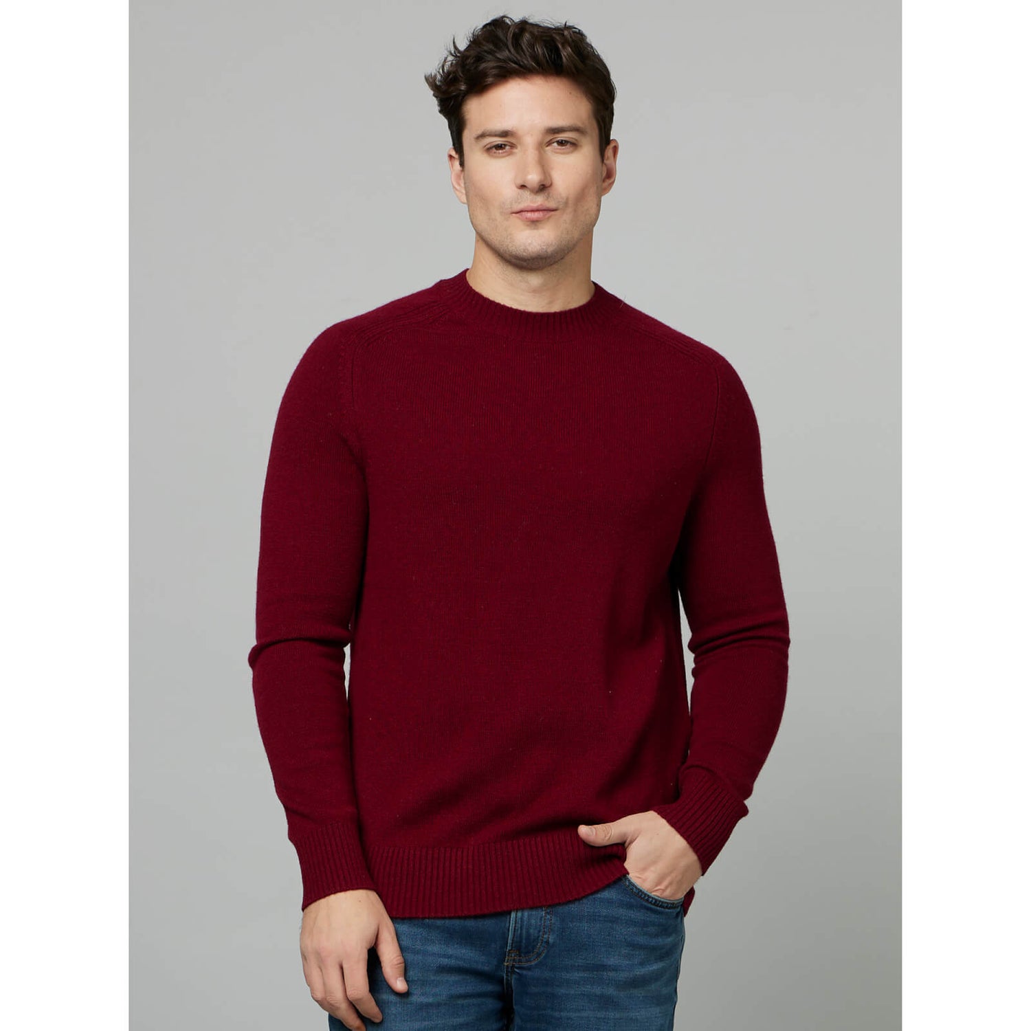 Burgundy Round Neck Long Sleeves Woollen Pullover Sweater CEWOOL Celio
