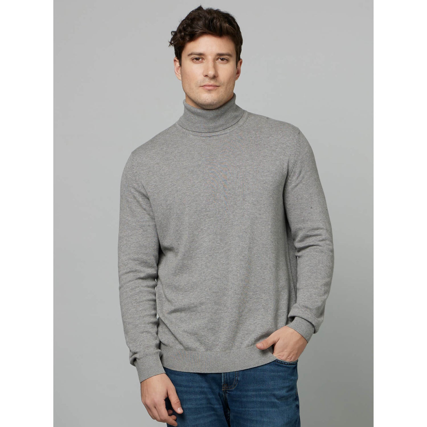 Grey Turtle Neck Full Sleeve Knitted Pullover Sweater FEROLL Celio