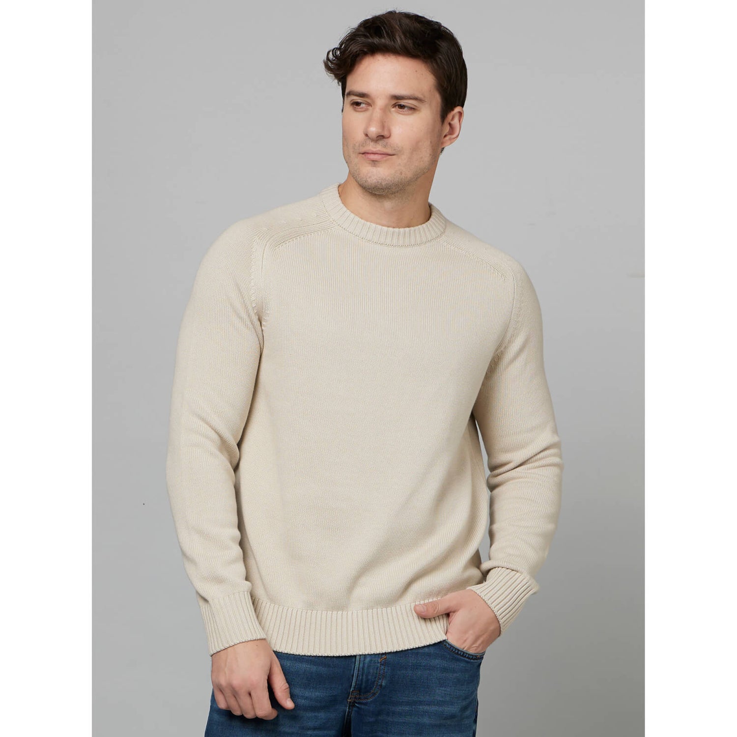 Light Beige Round Neck Long Sleeve Cotton Pullover Sweater FEBASICIN Celio