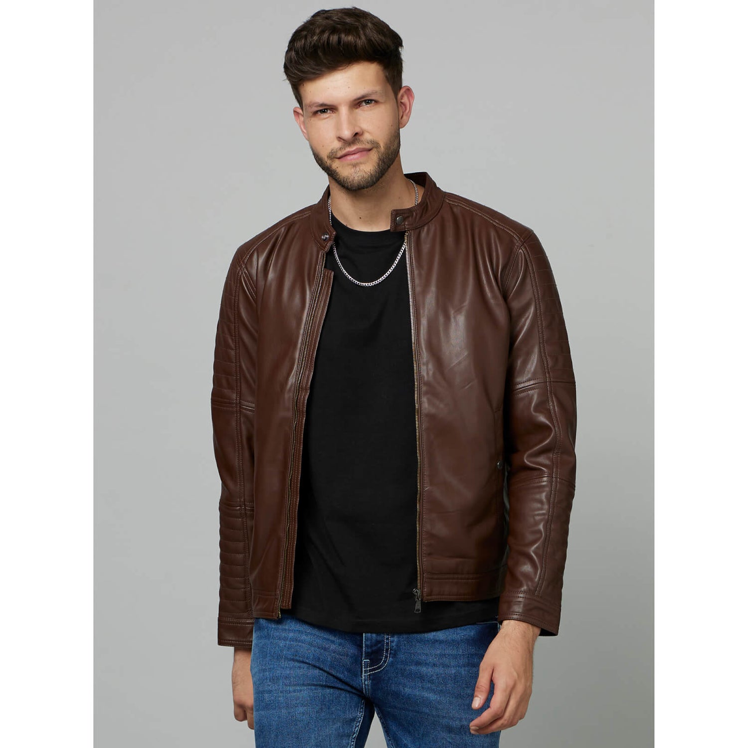 Coffee Stand Collar Leather Biker Jacket FUBIKER1 Celio