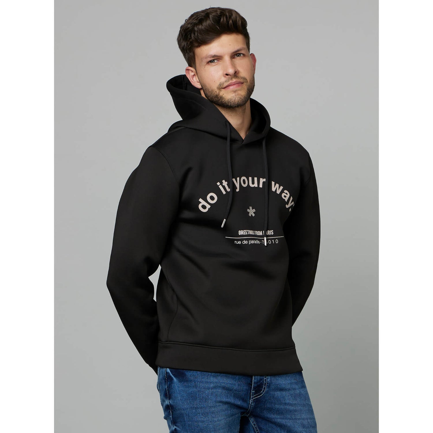 Black Typography Printed Hooded Pullover Sweatshirt FESCUB Celio