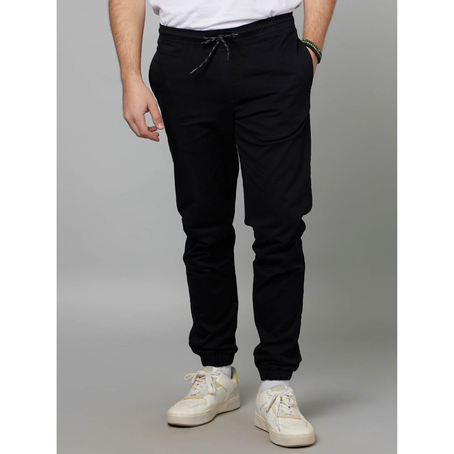 Black Solid Mid Rise Cotton Joggers DOBASICIN Celio