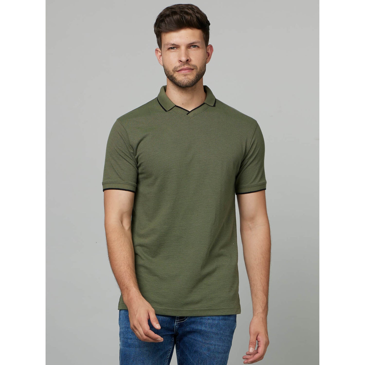 Olive Green Polo Collar Short Sleeves Cotton T shirt FETEXT Celio