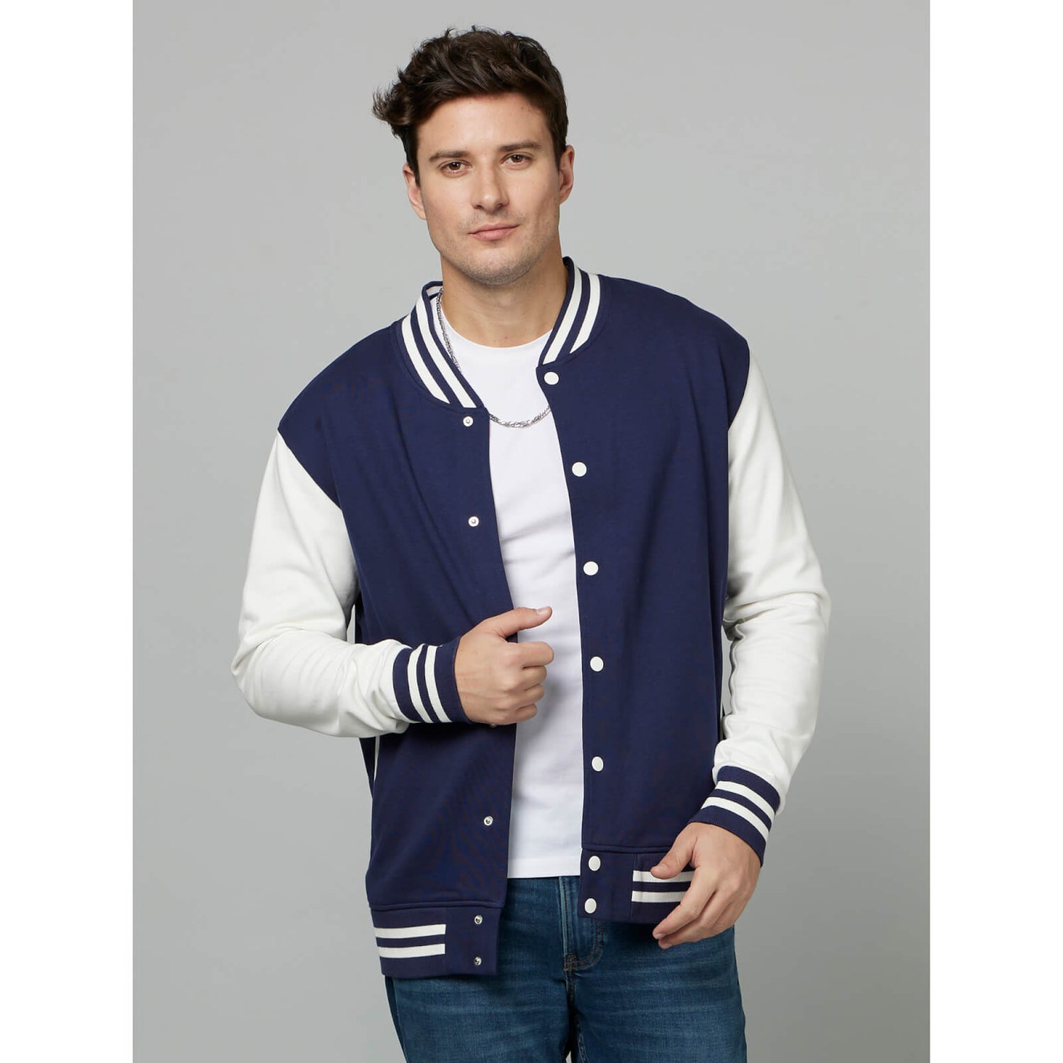 Navy Blue Striped Cotton Varsity Jacket FUCONTRAST Celio