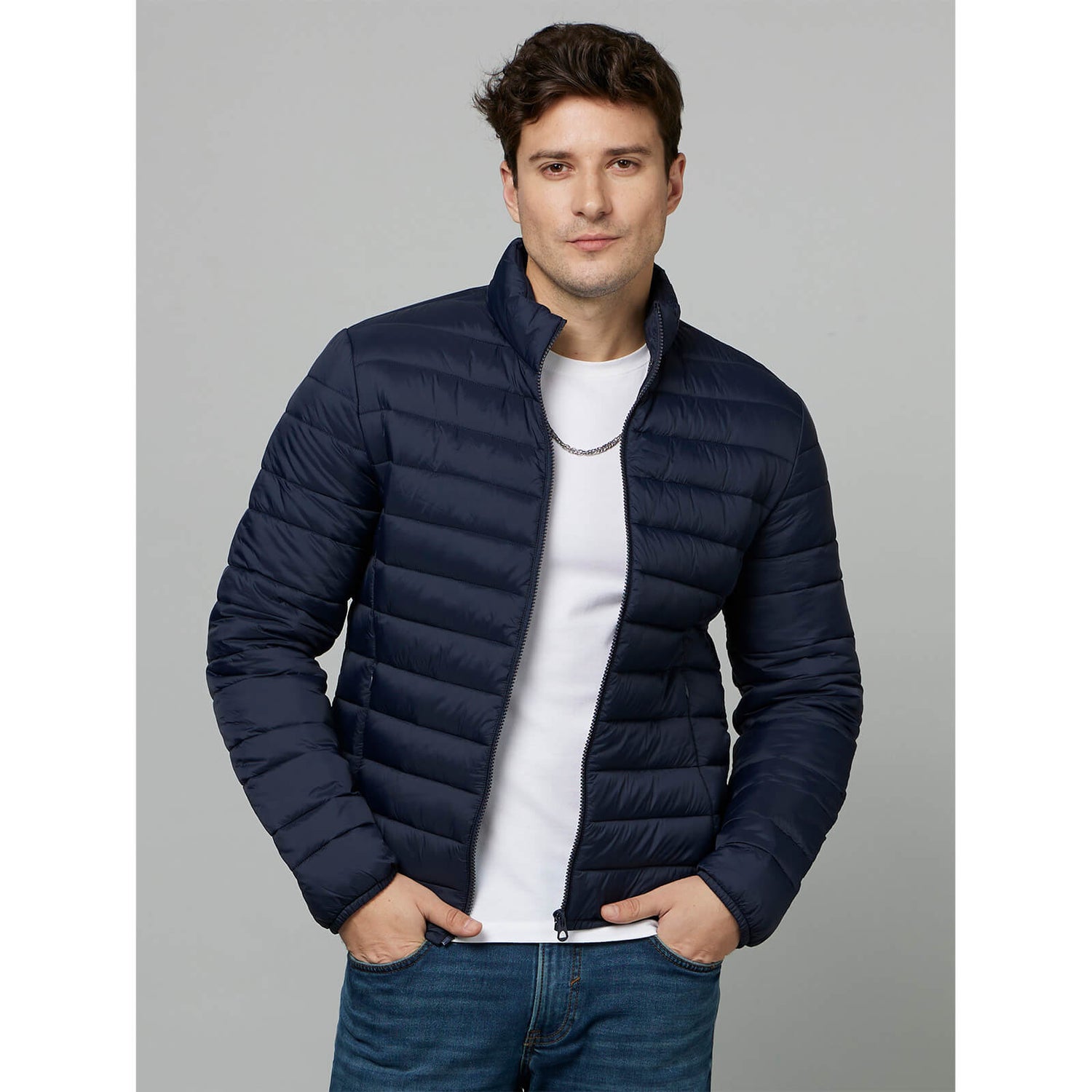 Navy Blue Stand Collar Long Sleeve Puffer Jacket FUBUBBLE Celio